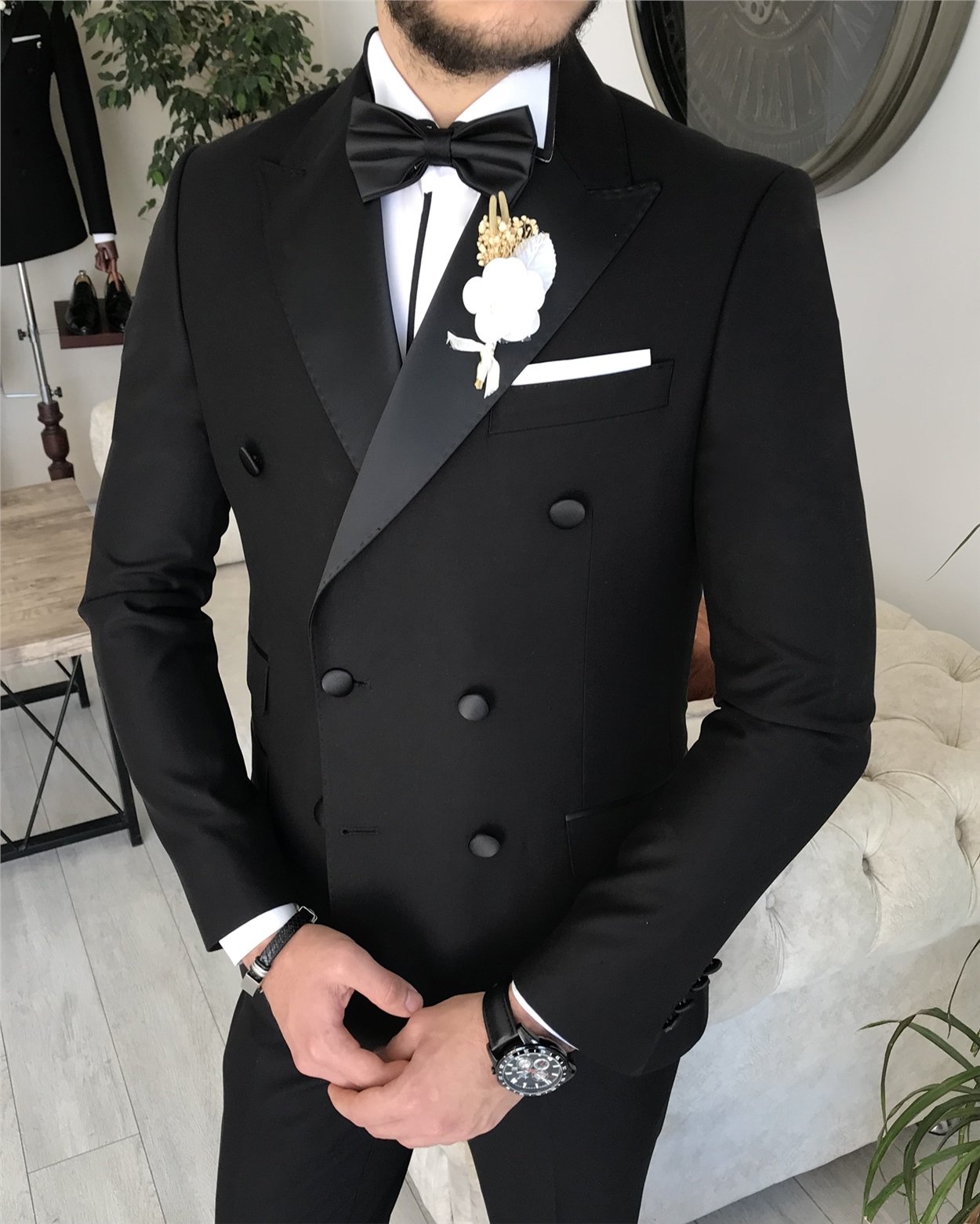 İtalyan kesim slim fit kruvaze   ceket pantolon damatlık set Siyah  T8283