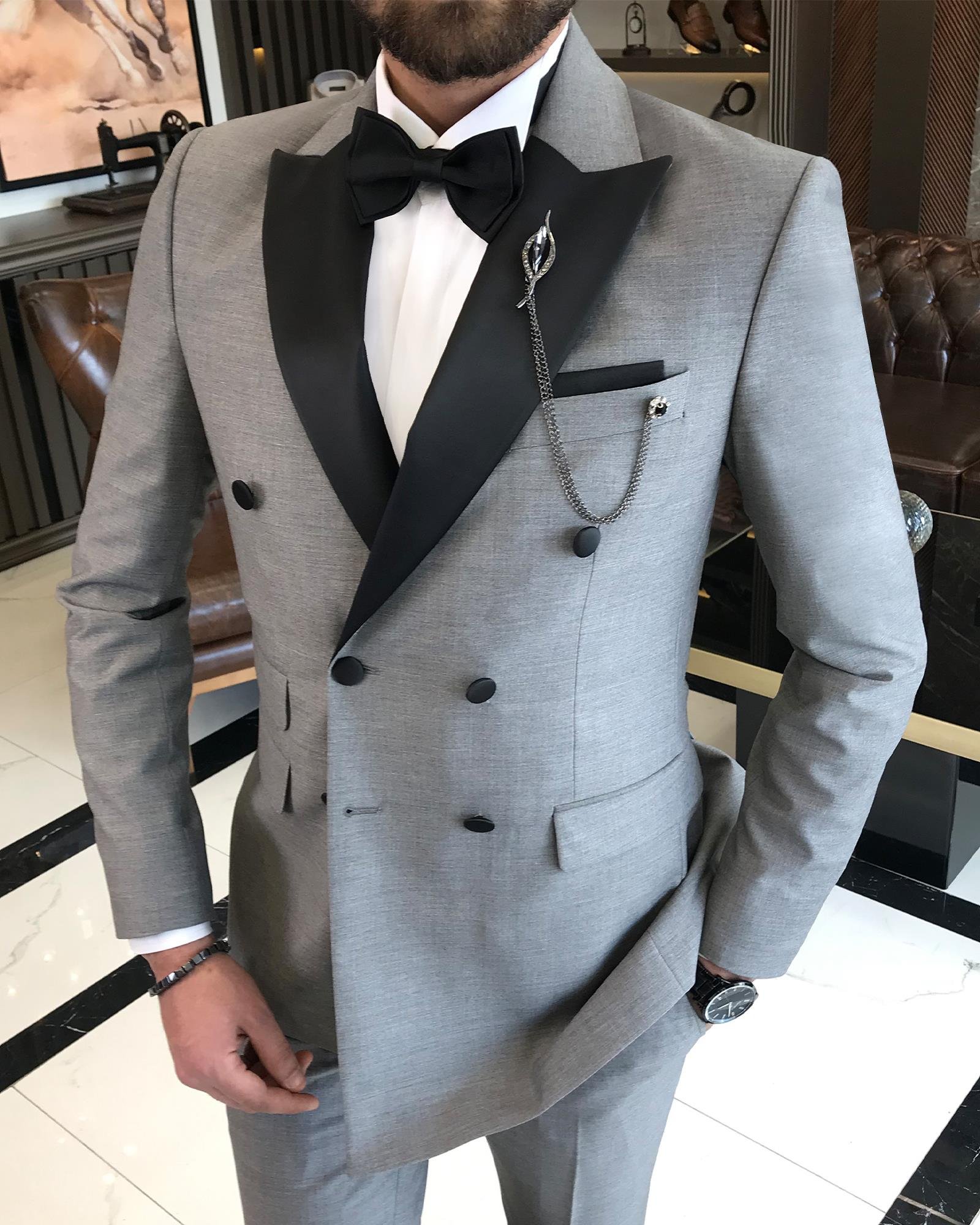 İtalyan kesim slim fit kruvaze ceket pantolon damatlık set gri T9216