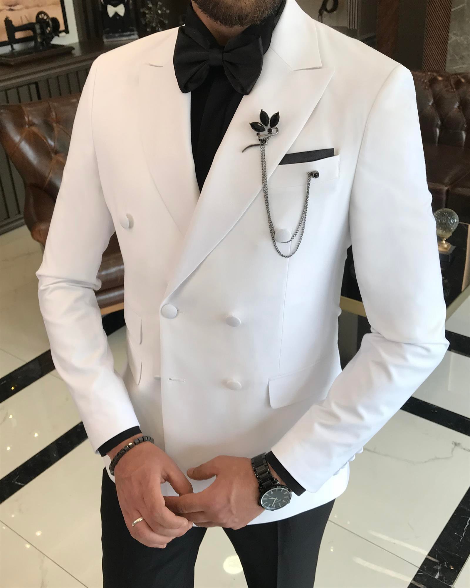 İtalyan kesim slim fit kruvaze ceket pantolon damatlık set beyaz T9211
