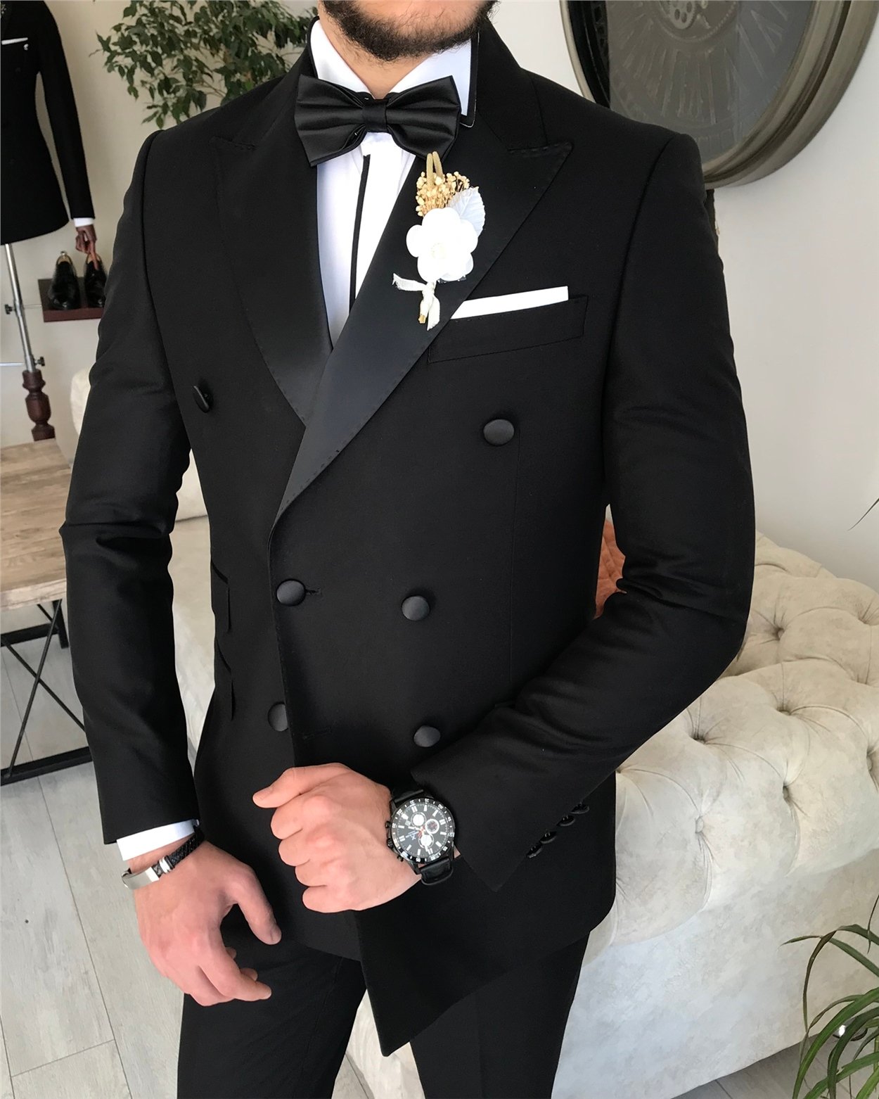 İtalyan kesim slim fit kruvaze   ceket pantolon damatlık set Siyah  T8283