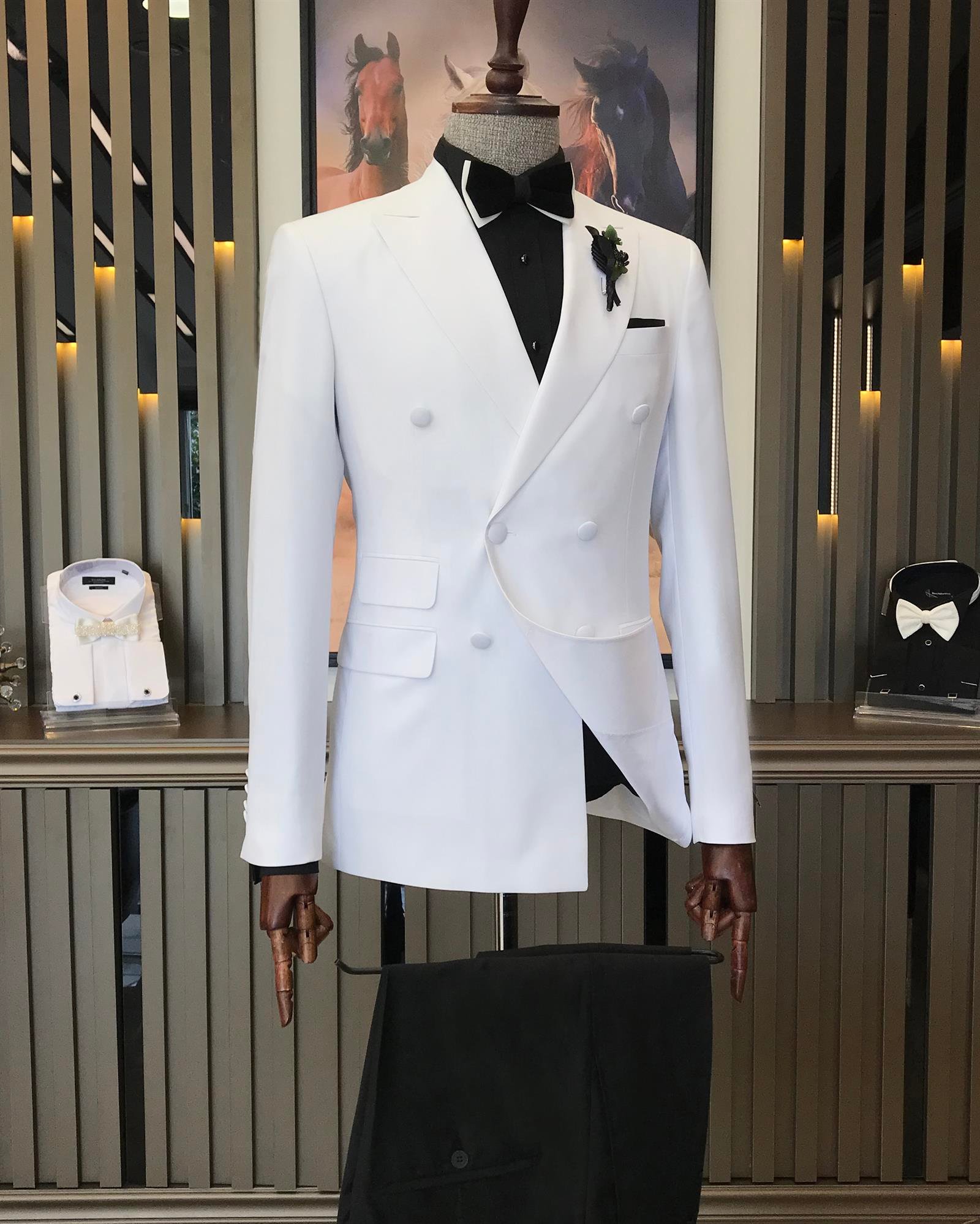 İtalyan kesim slim fit kruvaze ceket pantolon damatlık set beyaz T9211