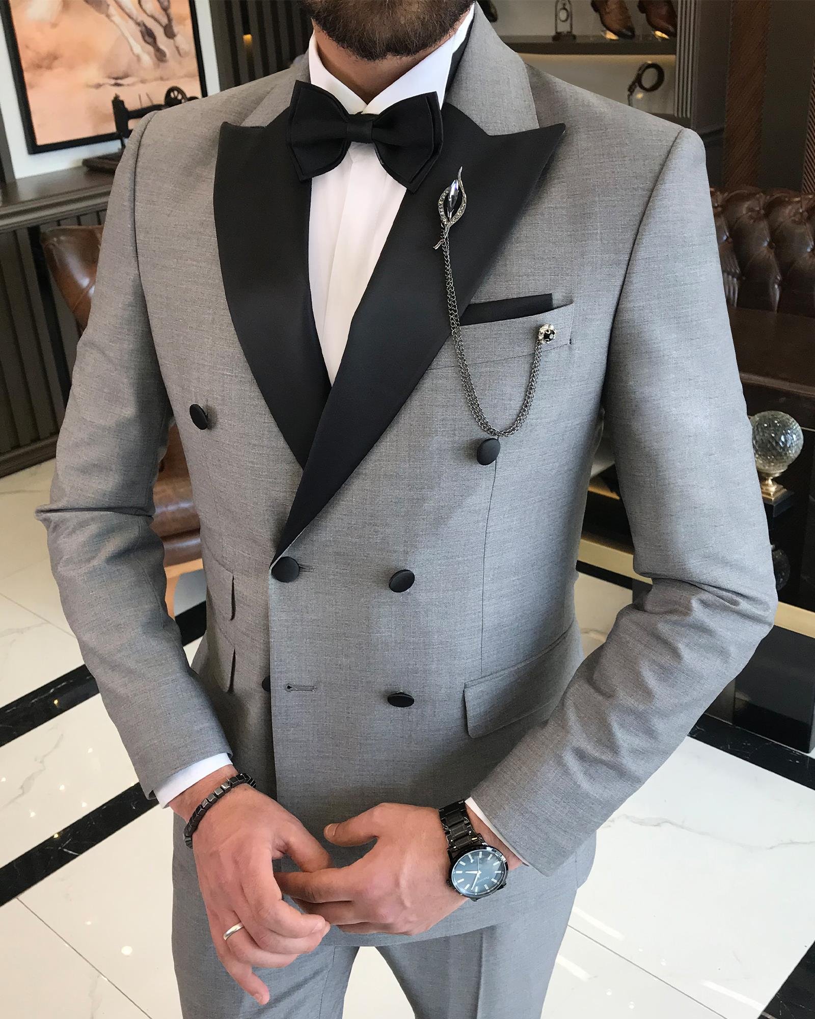 İtalyan kesim slim fit kruvaze ceket pantolon damatlık set gri T9216