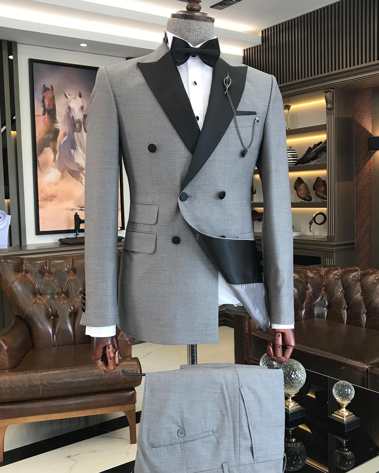 İtalyan kesim slim fit kruvaze ceket pantolon damatlık set gri T9216