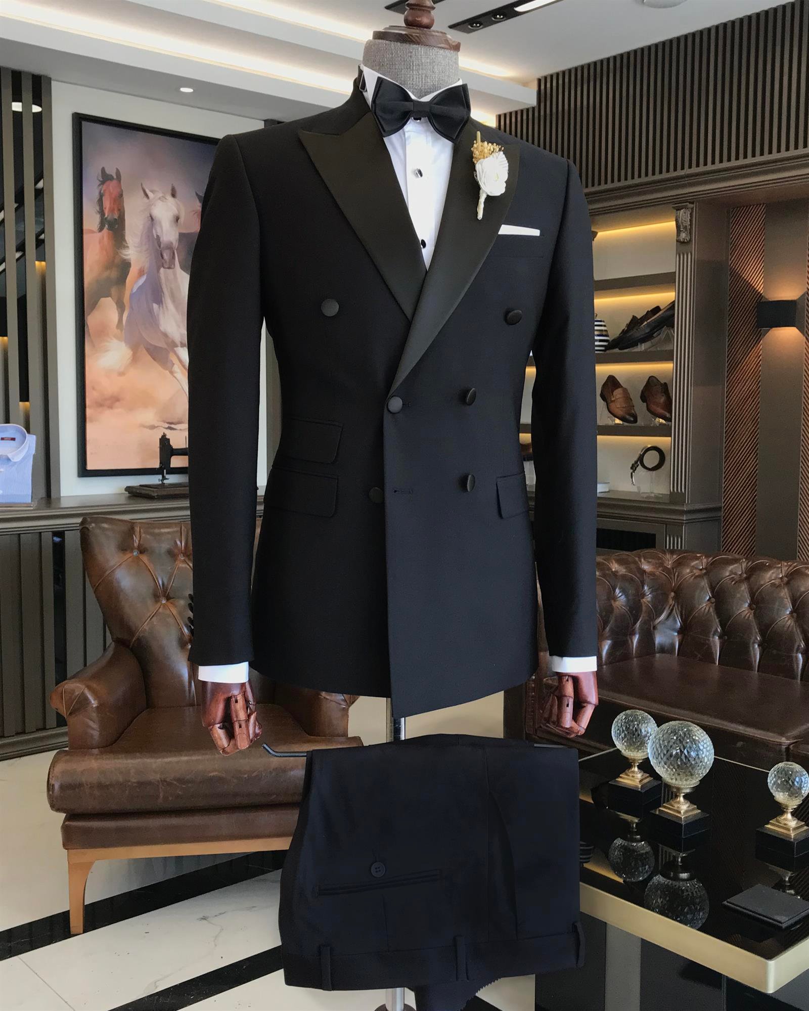 İtalyan kesim slim fit kruvaze ceket pantolon damatlık set siyah T9213