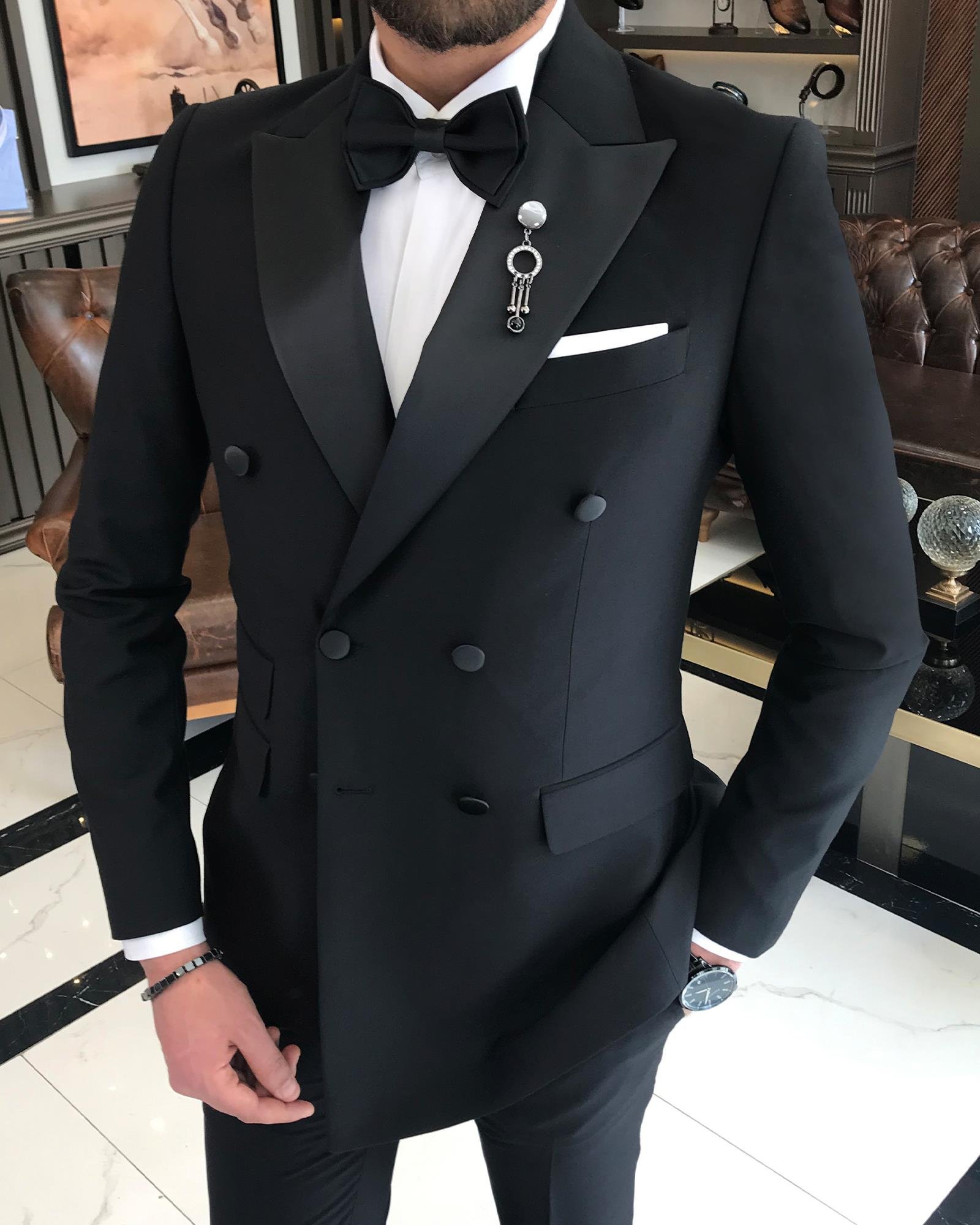 İtalyan kesim slim fit kruvaze ceket pantolon damatlık set siyah T9213