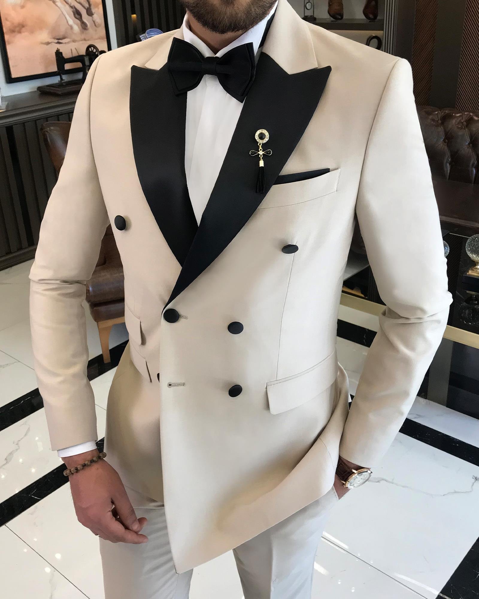 İtalyan kesim slim fit kruvaze ceket pantolon damatlık set bej T9220