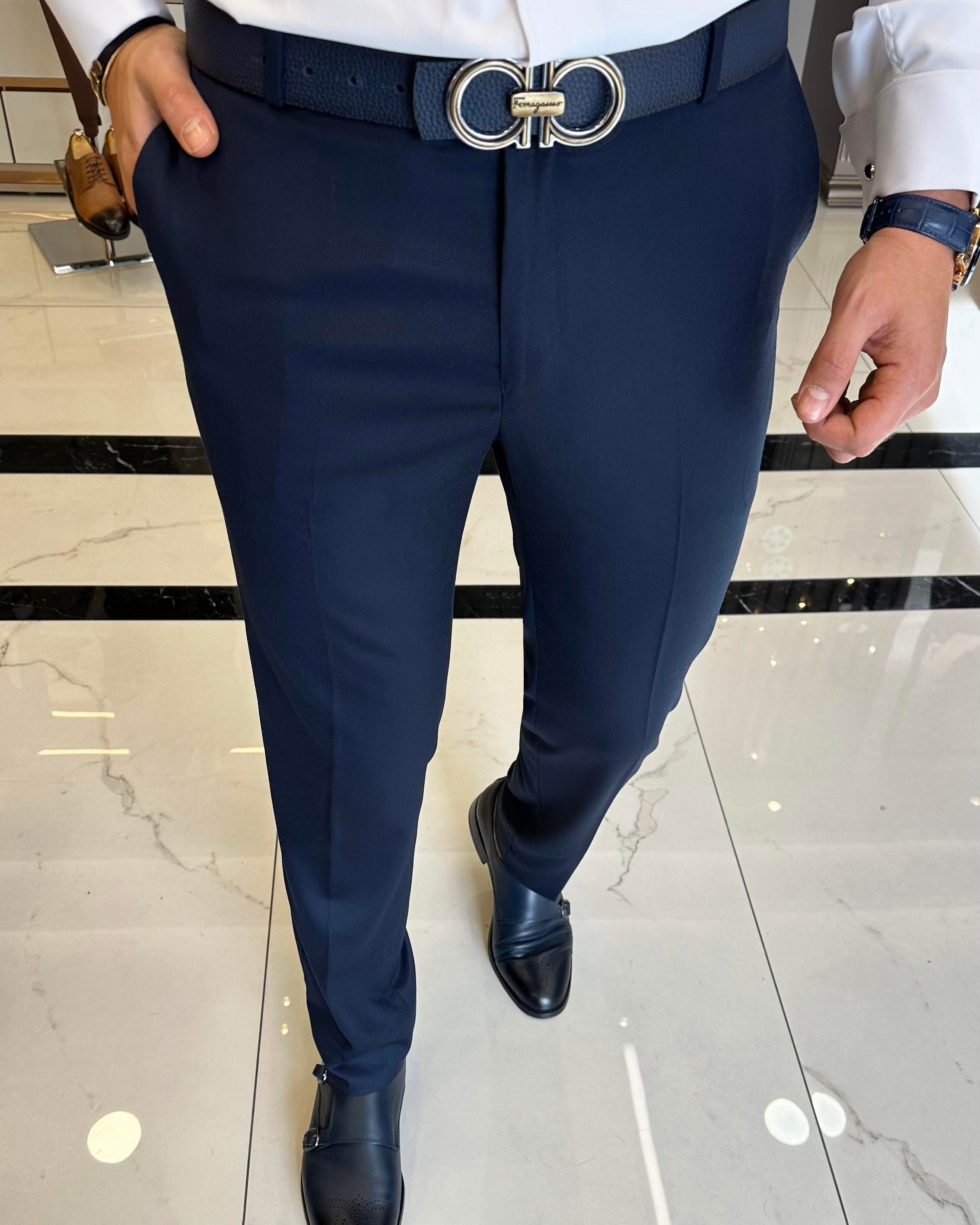 Italian Style Slim Fit Navy Blue Fabric Pants T3486