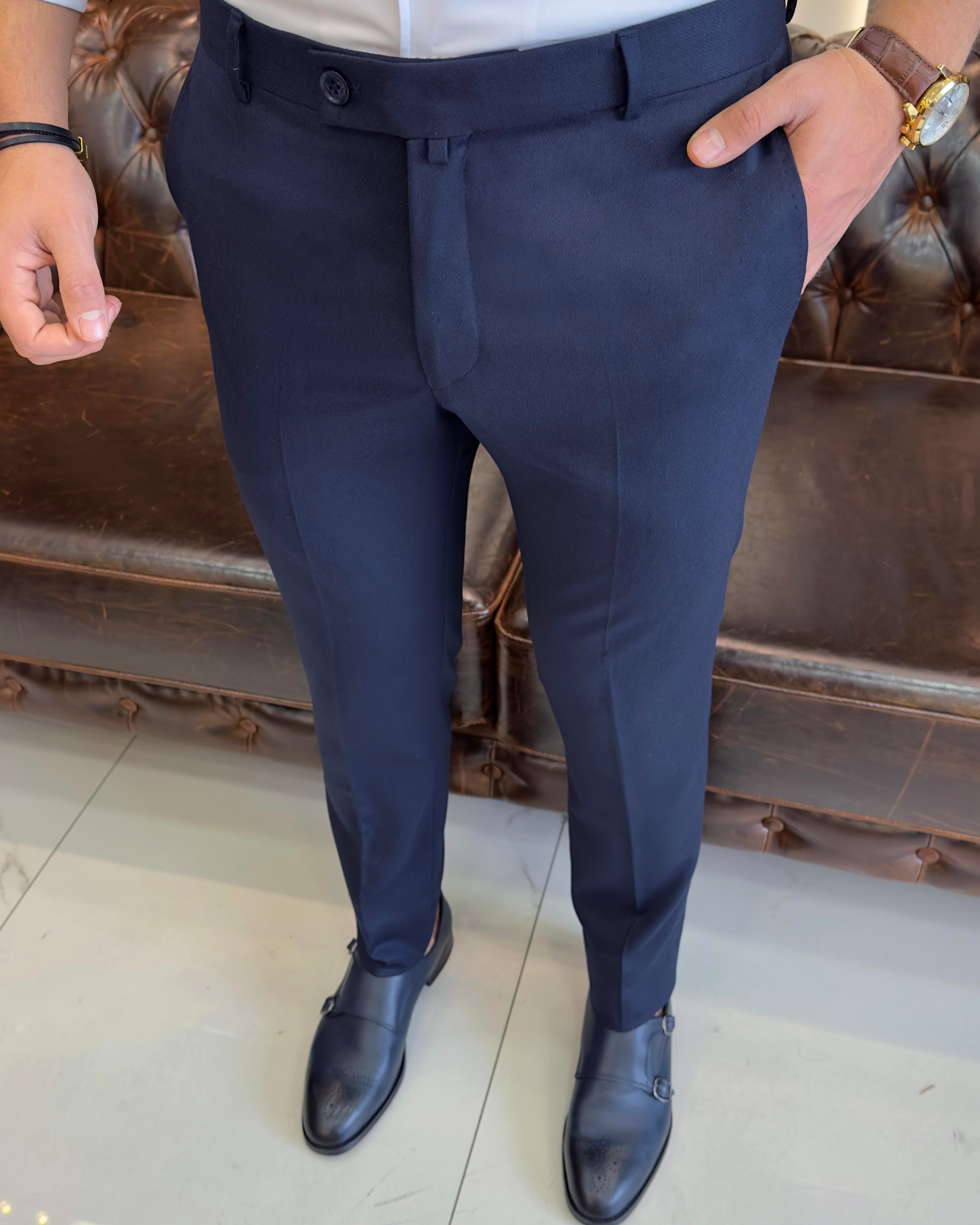 Italian Style Slim Fit Navy Blue Fabric Pants T3486