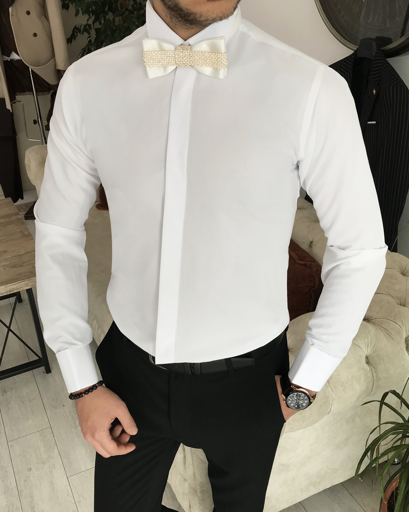 İtalyan kesim slim fit özel papyon ve kol düğmeli ata yaka erkek gömlek Beyaz T8331