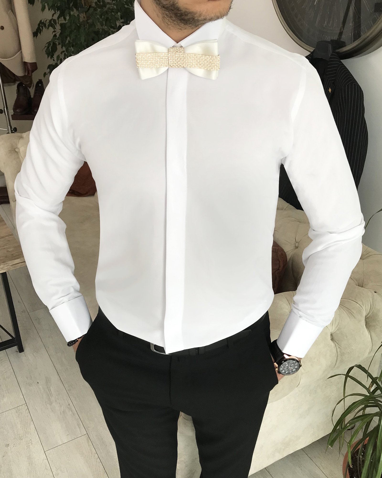 İtalyan kesim slim fit özel papyon ve kol düğmeli ata yaka erkek gömlek Beyaz T8331