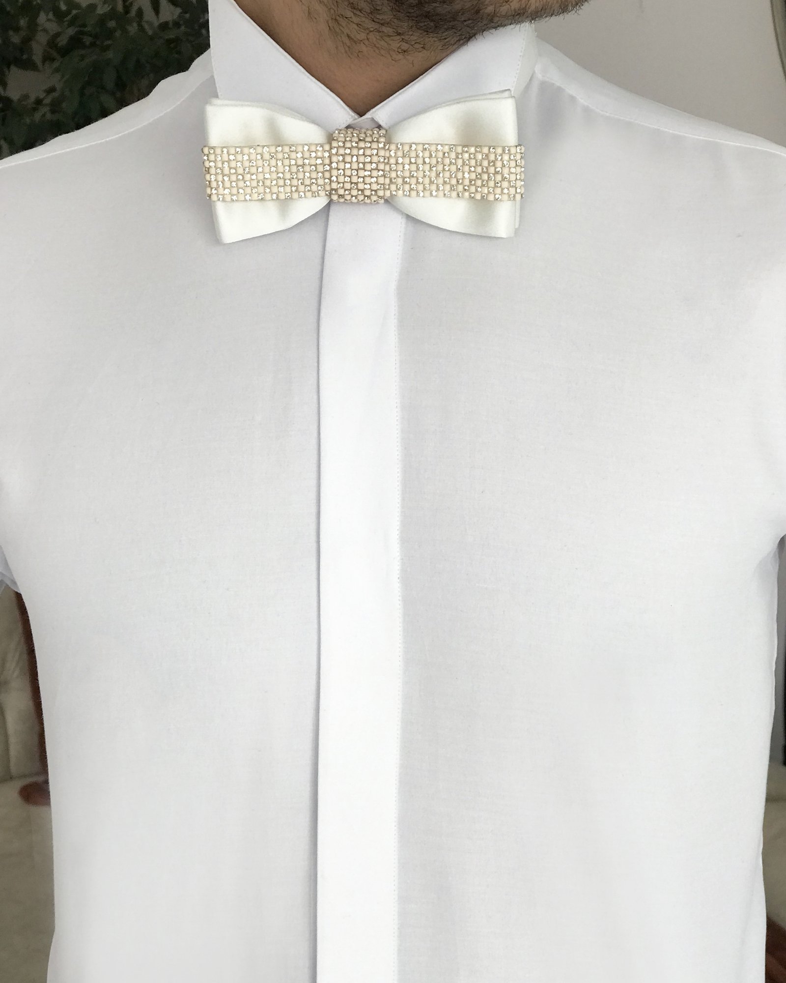 İtalyan kesim slim fit özel papyon ve kol düğmeli ata yaka erkek gömlek Beyaz T8331