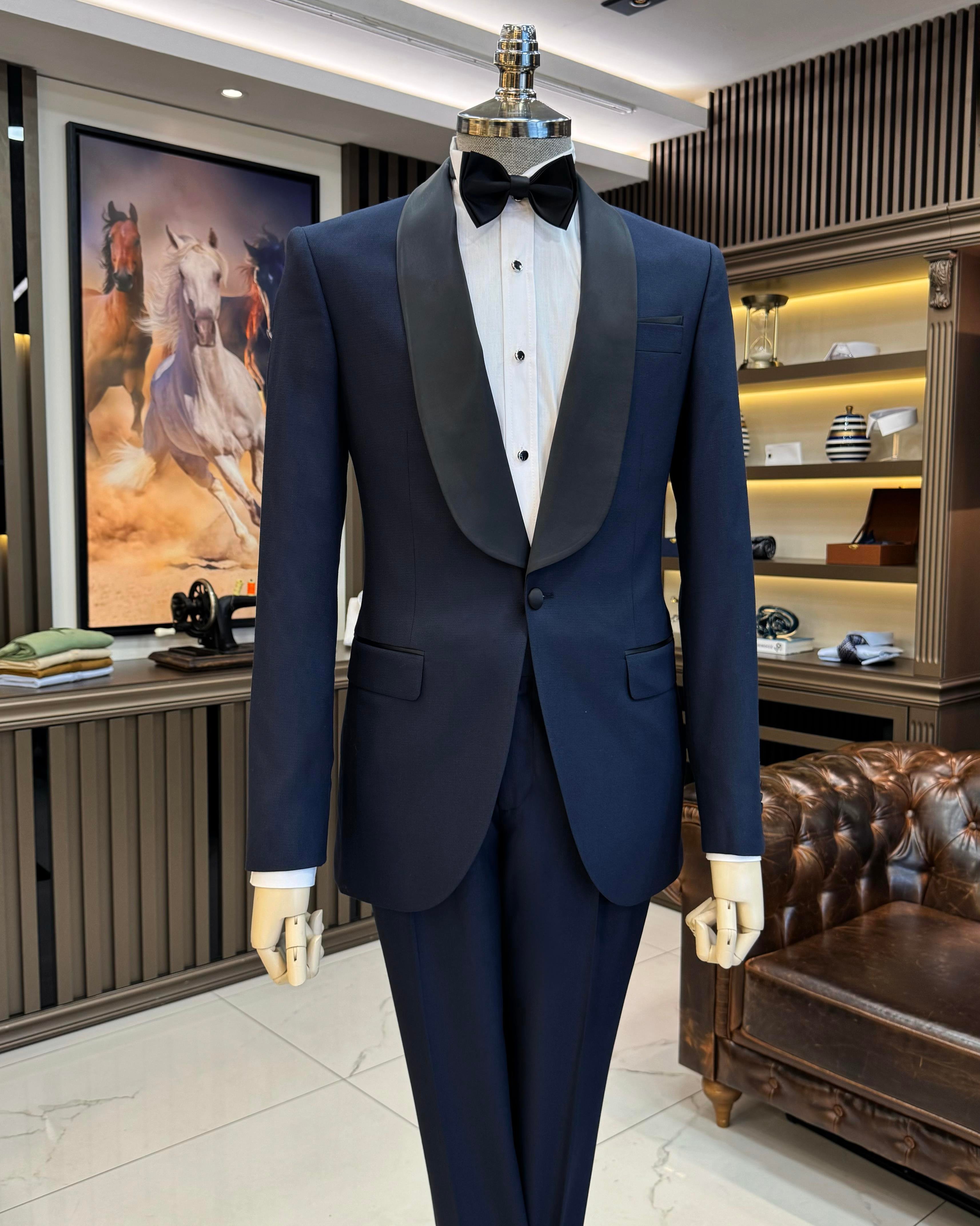 İtalyan kesim slim fit şal yaka ceket pantolon damatlık set lacivert T11899