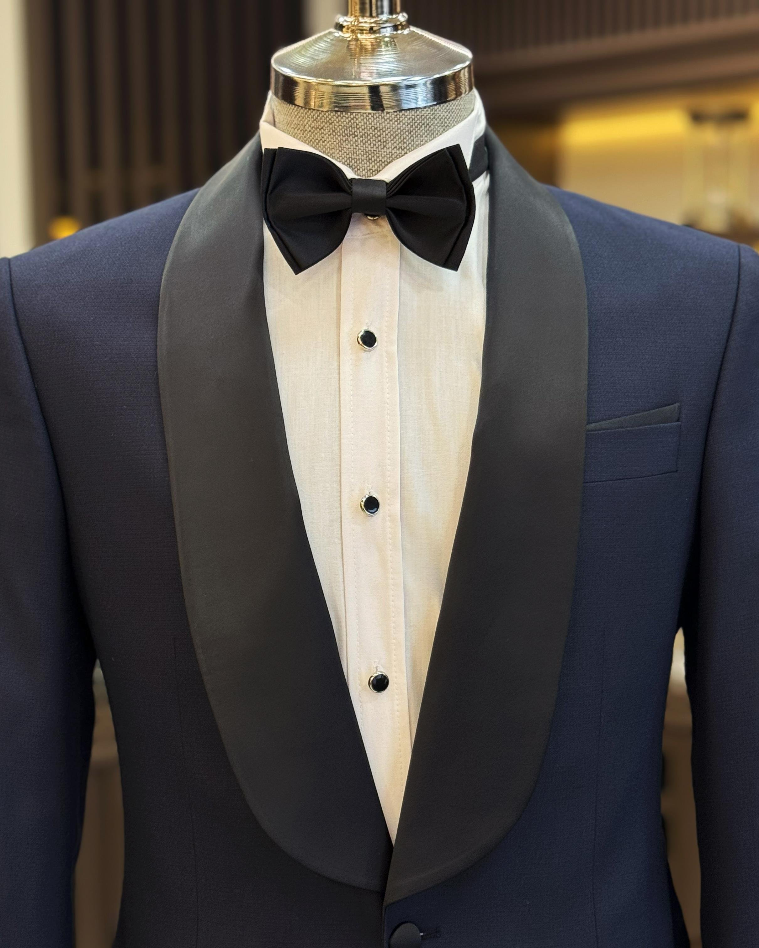 İtalyan kesim slim fit şal yaka ceket pantolon damatlık set lacivert T11899