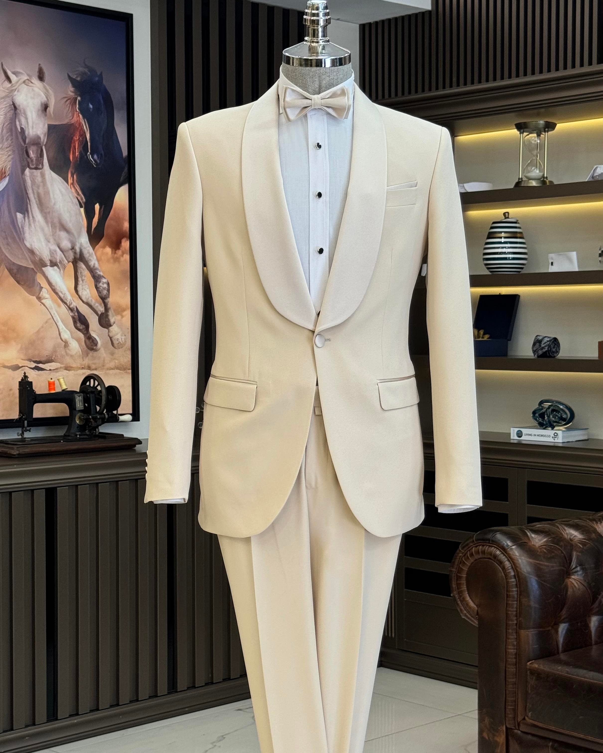 İtalyan kesim slim fit şal yaka ceket pantolon damatlık set bej T11947
