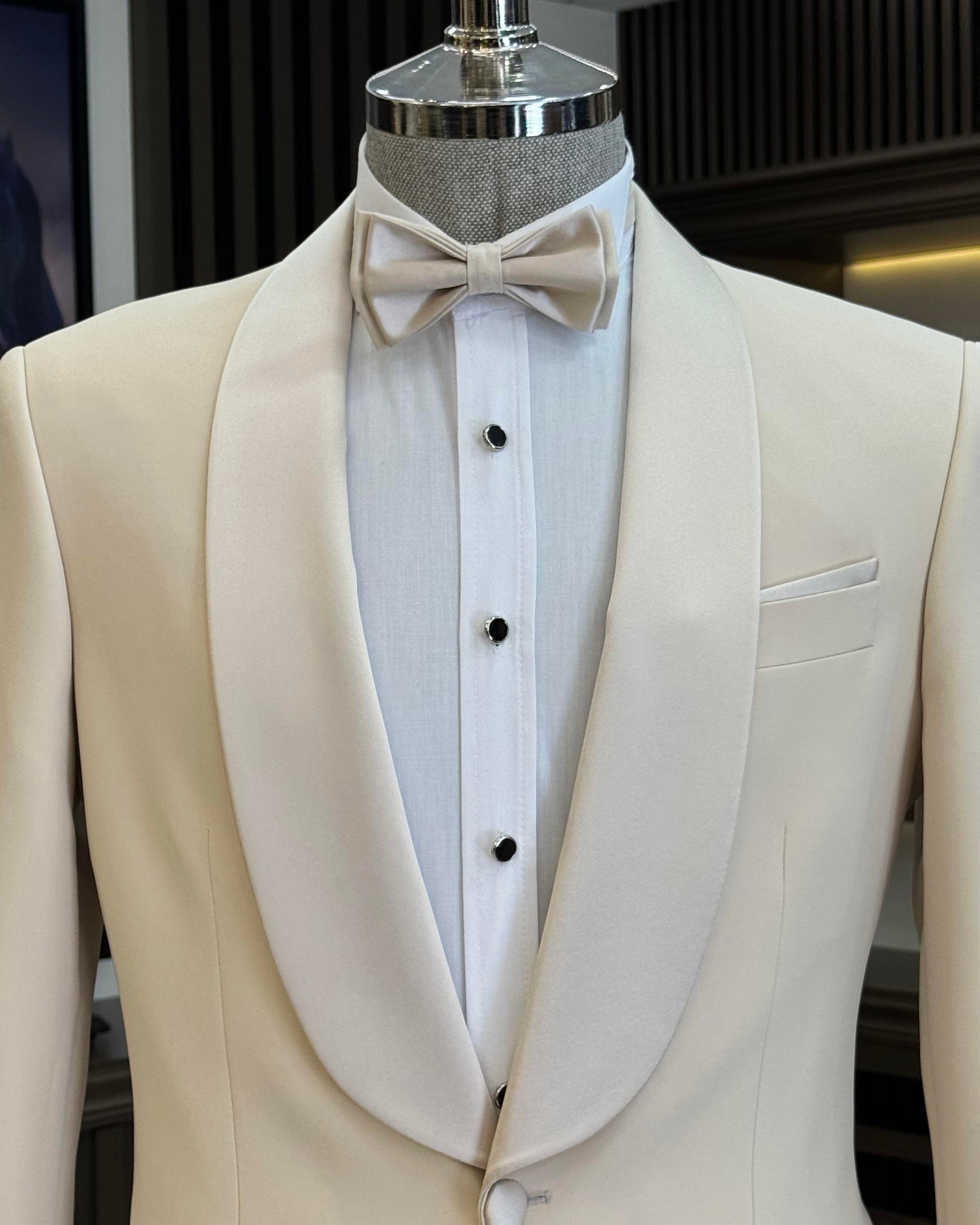 İtalyan kesim slim fit şal yaka ceket pantolon damatlık set bej T11947