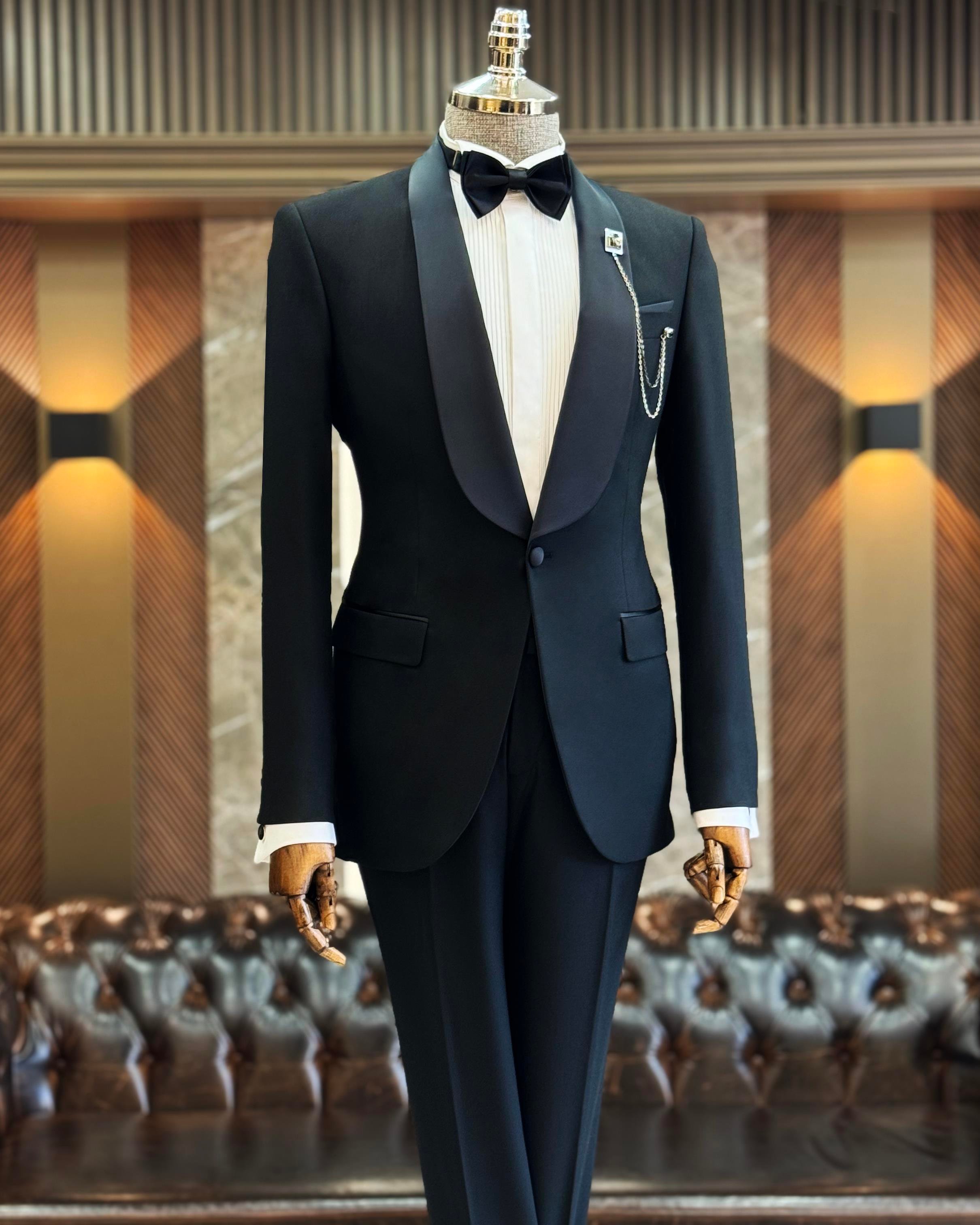 İtalyan kesim slim fit şal yaka ceket pantolon damatlık set siyah T11898