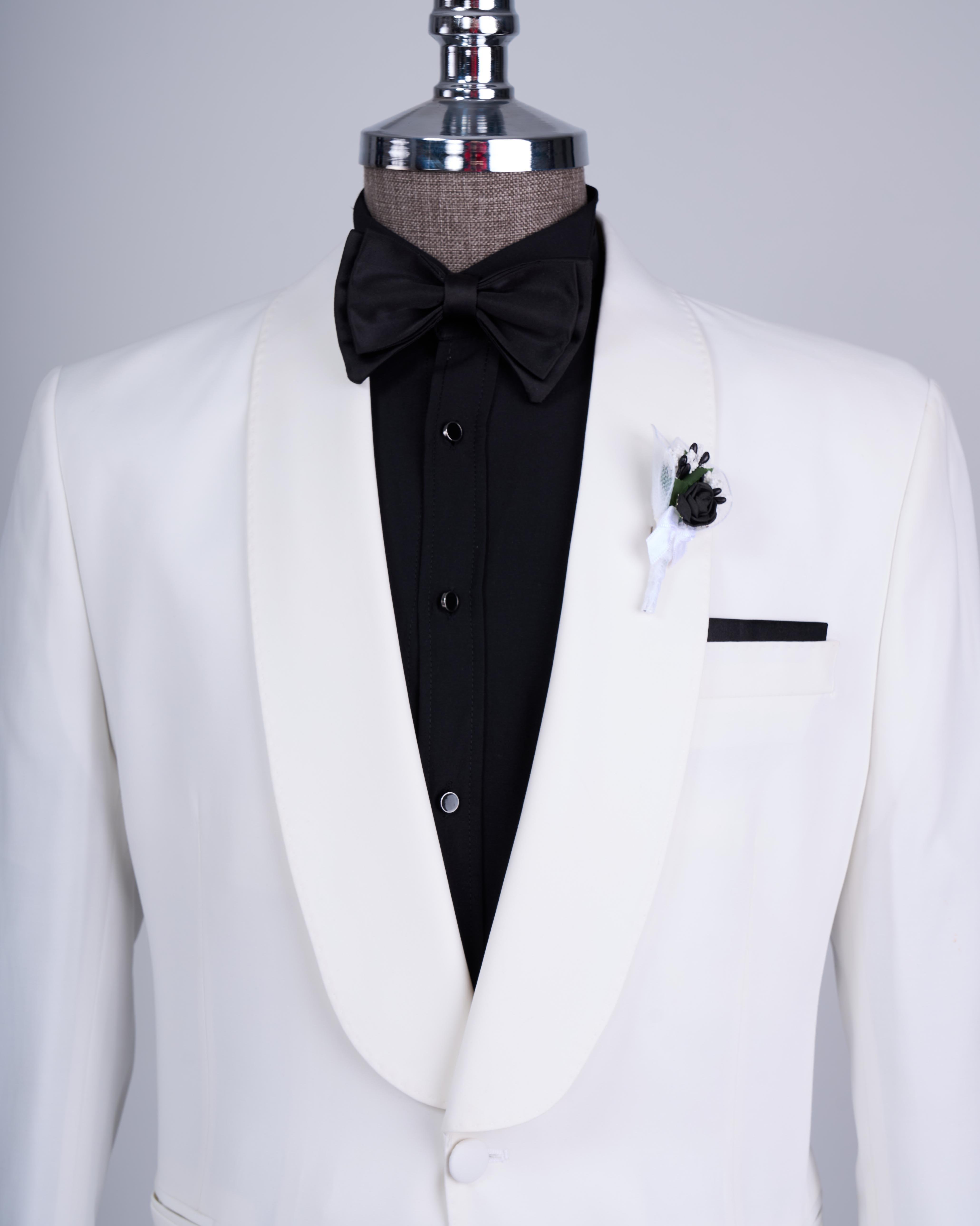 İtalyan kesim slim fit şal yaka ceket pantolon damatlık set ekru T13633