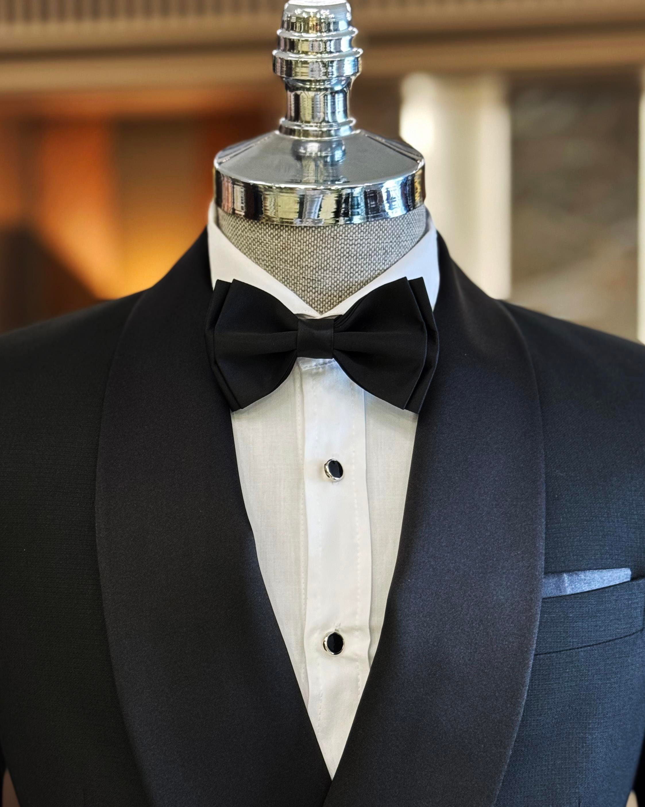 İtalyan kesim slim fit şal yaka kruvaze ceket pantolon damatlık set siyah T11947