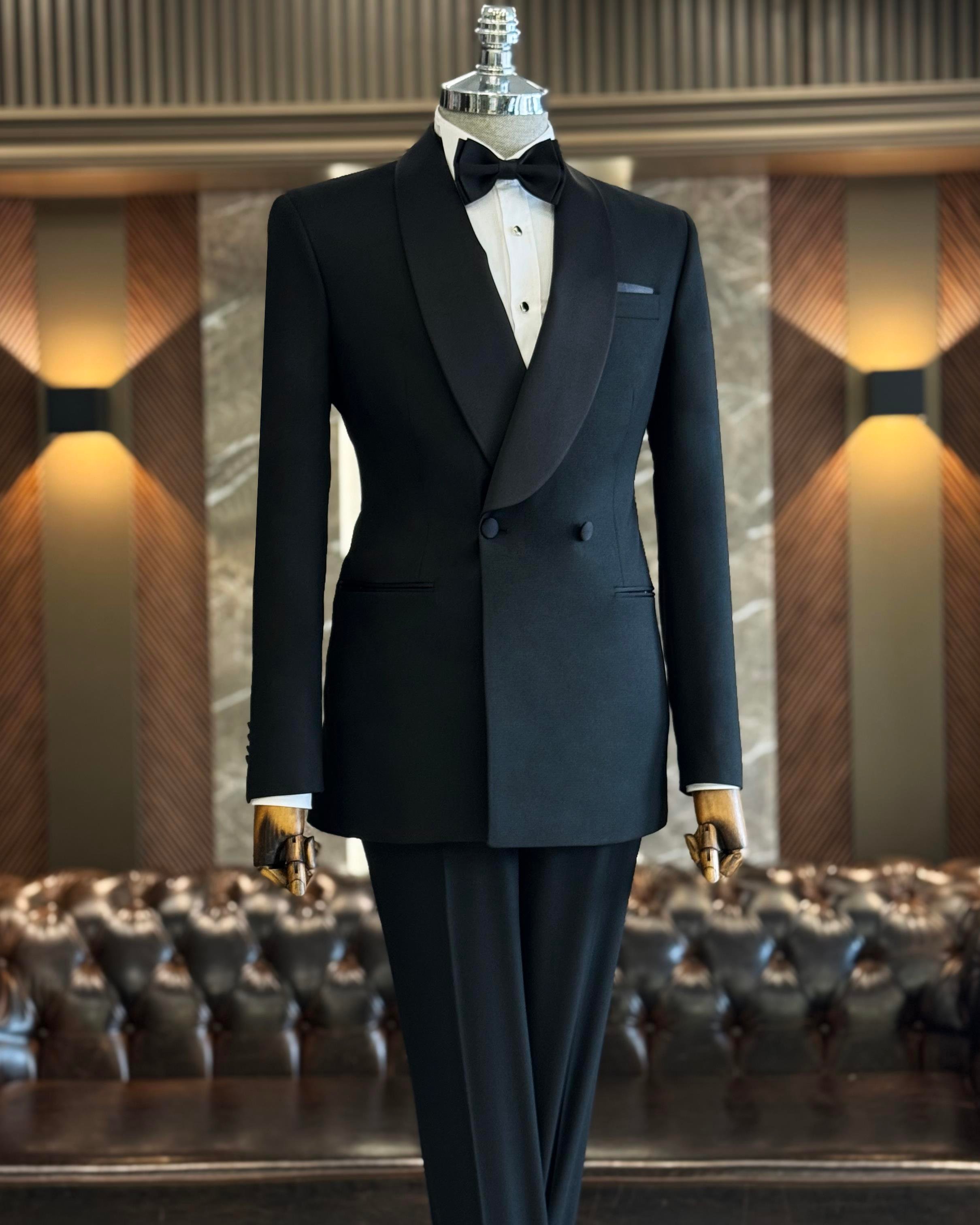 İtalyan kesim slim fit şal yaka kruvaze ceket pantolon damatlık set siyah T11947