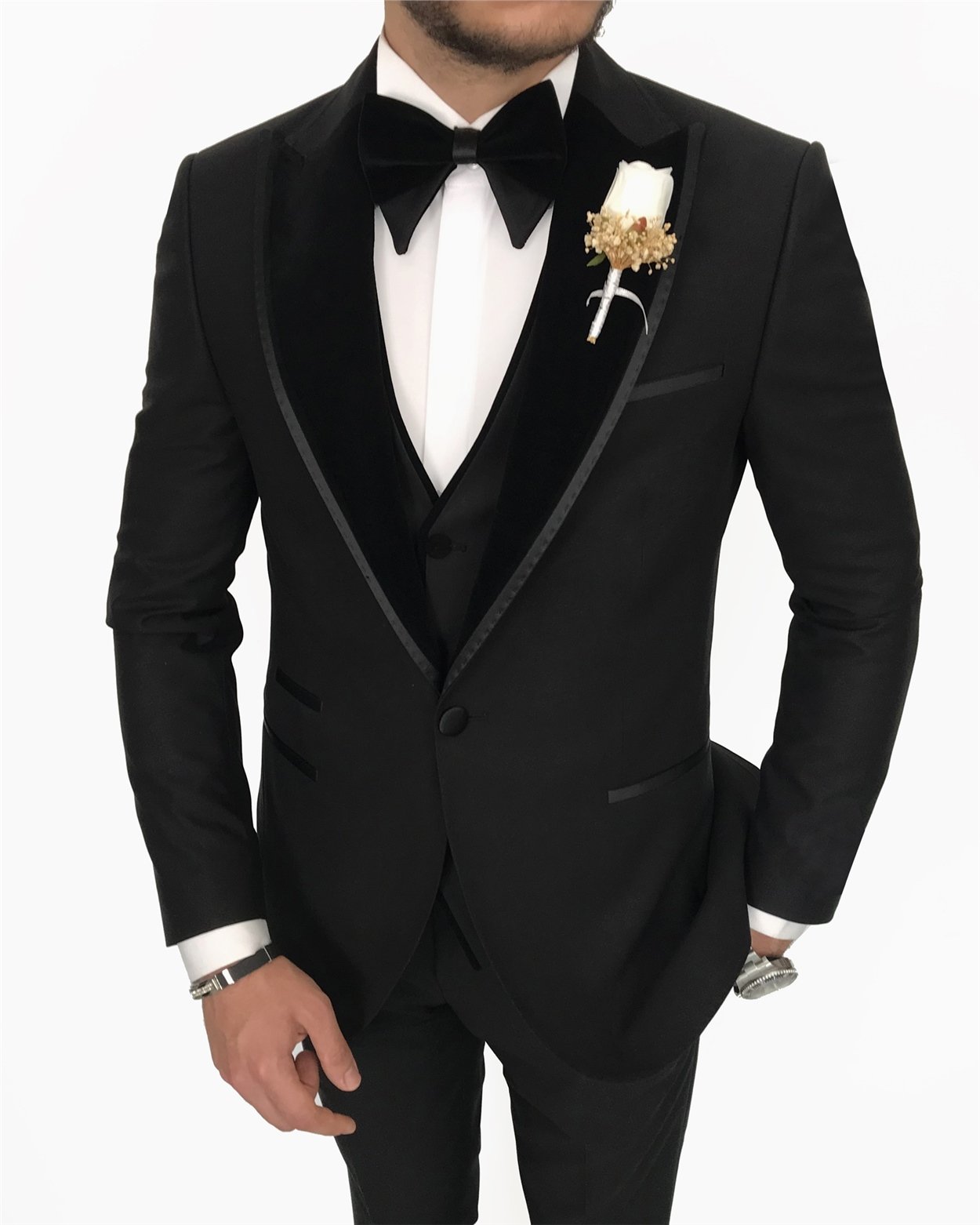 İtalyan kesim slim fit sivri yaka ceket yelek pantolon damatlık set Siyah T8196