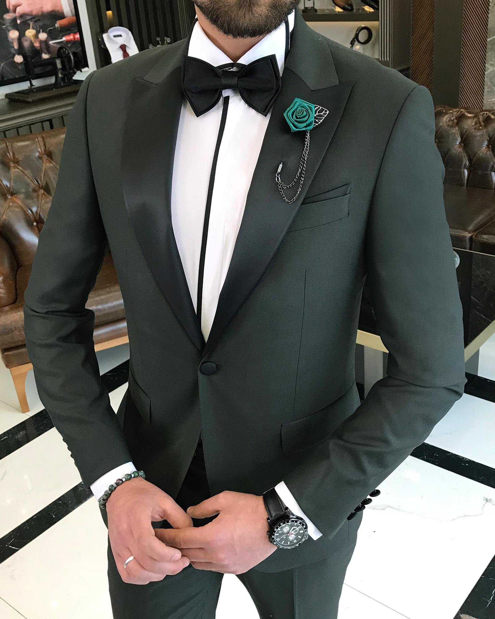 İtalyan kesim slim fit sivri yaka ceket pantolon damatlık set Yeşil T9189