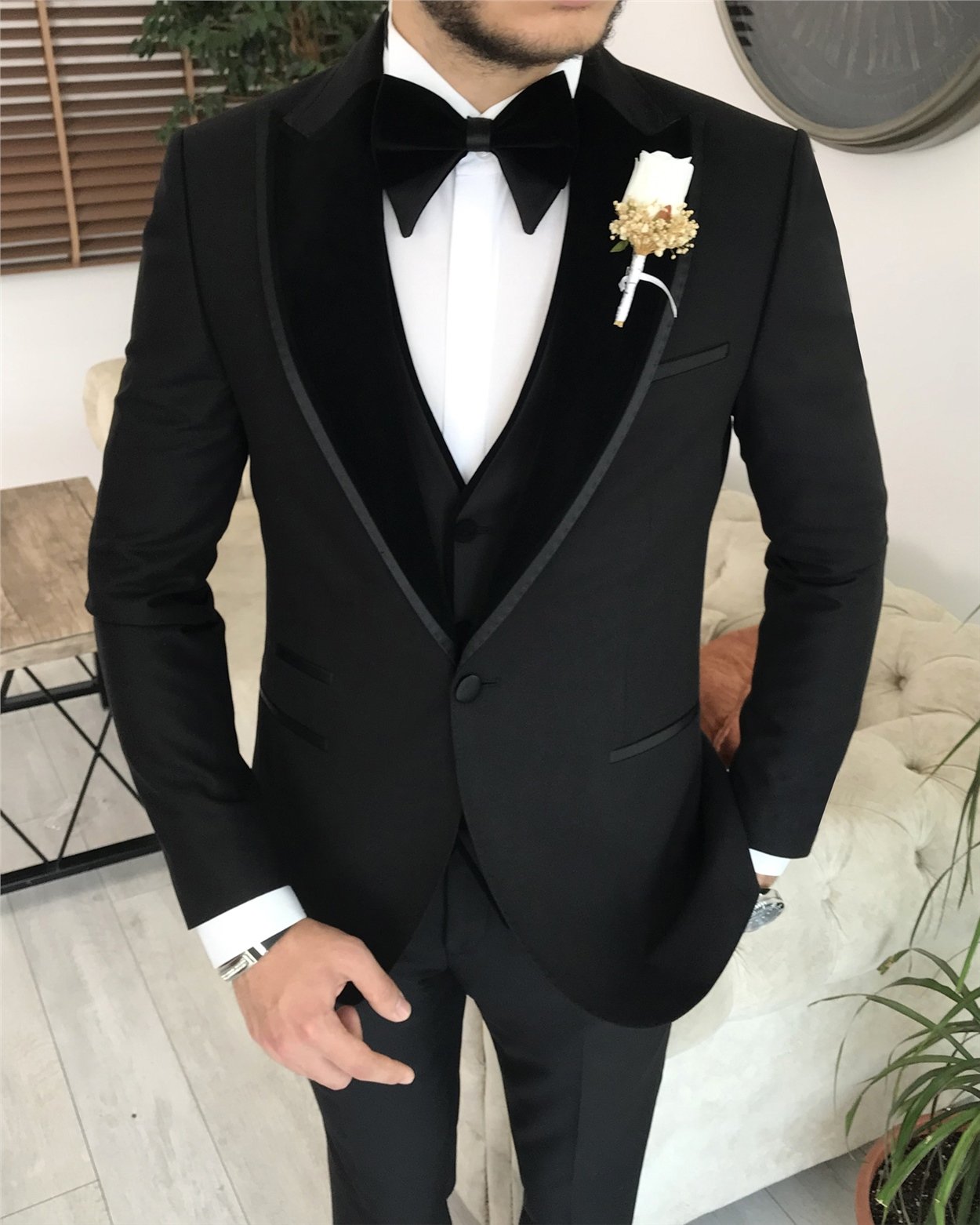 İtalyan kesim slim fit sivri yaka ceket yelek pantolon damatlık set Siyah T8196