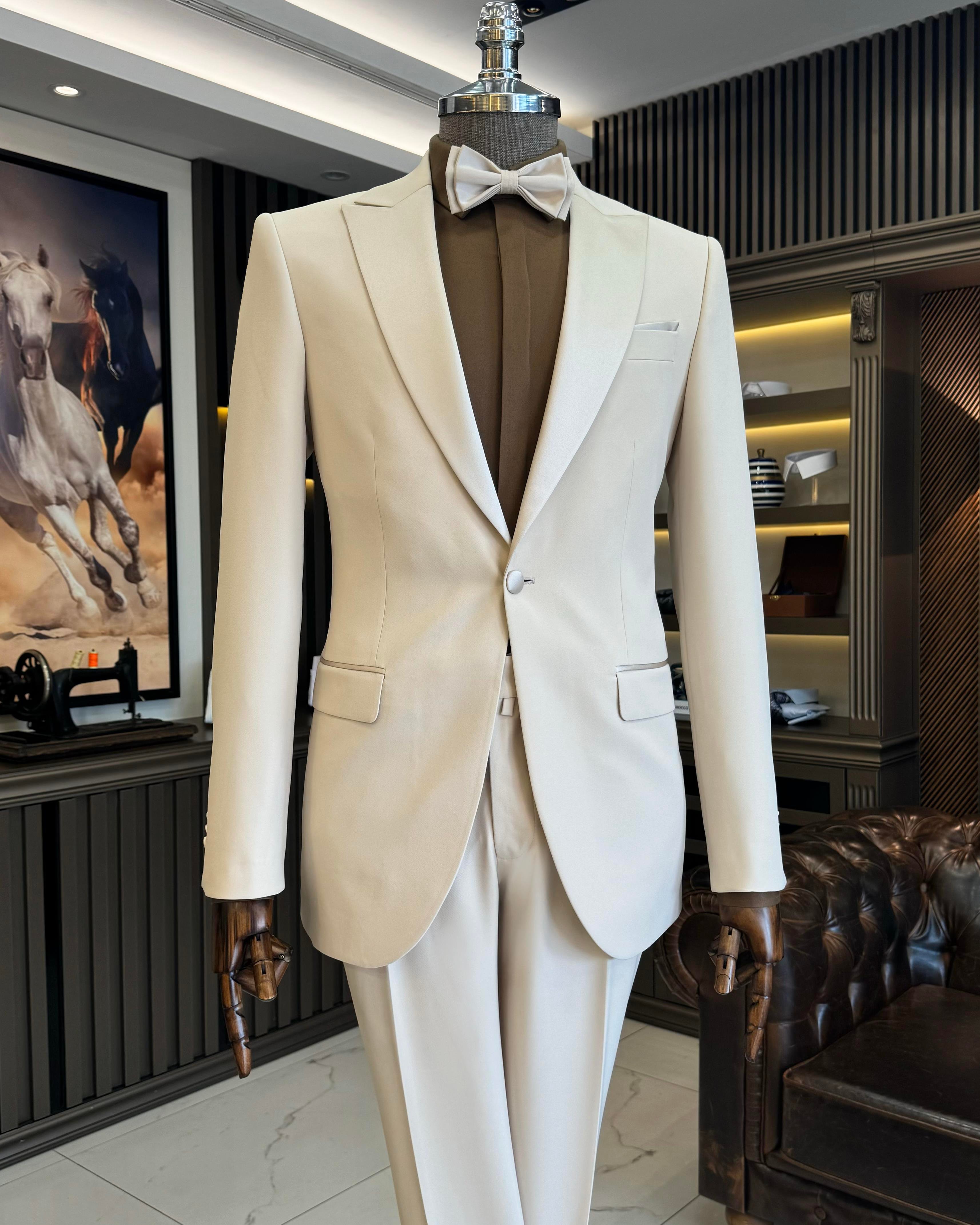 İtalyan kesim slim fit sivri yaka ceket pantolon damatlık set bej T11838