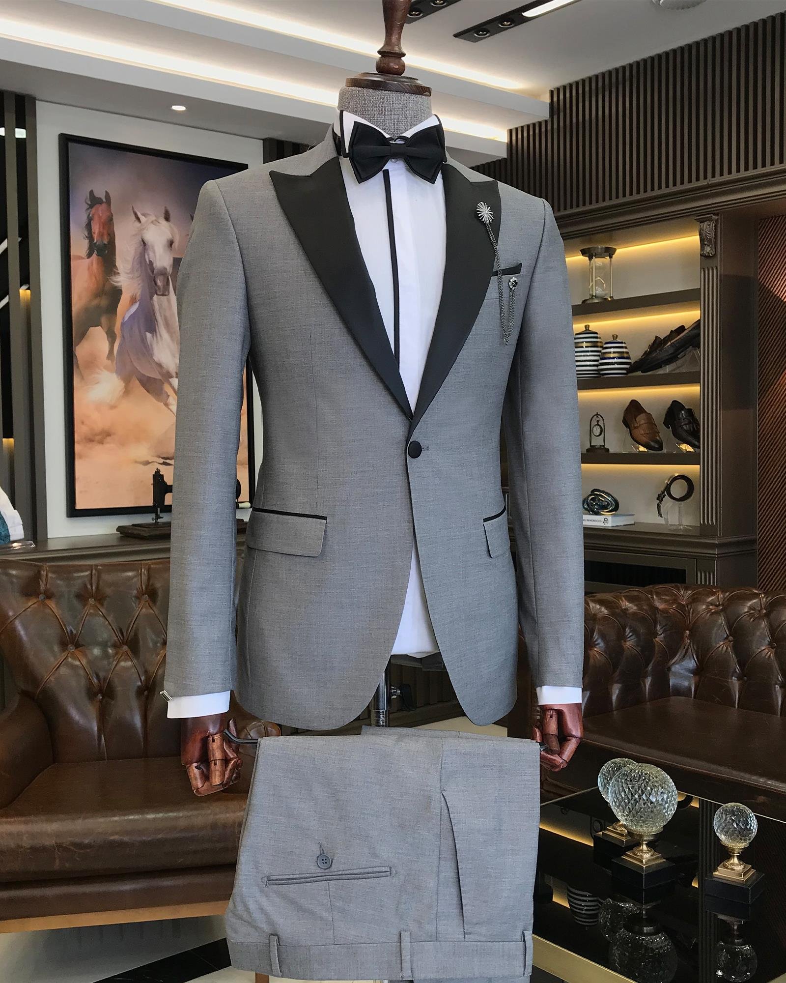 İtalyan kesim slim fit sivri yaka ceket pantolon damatlık set Gri T9188