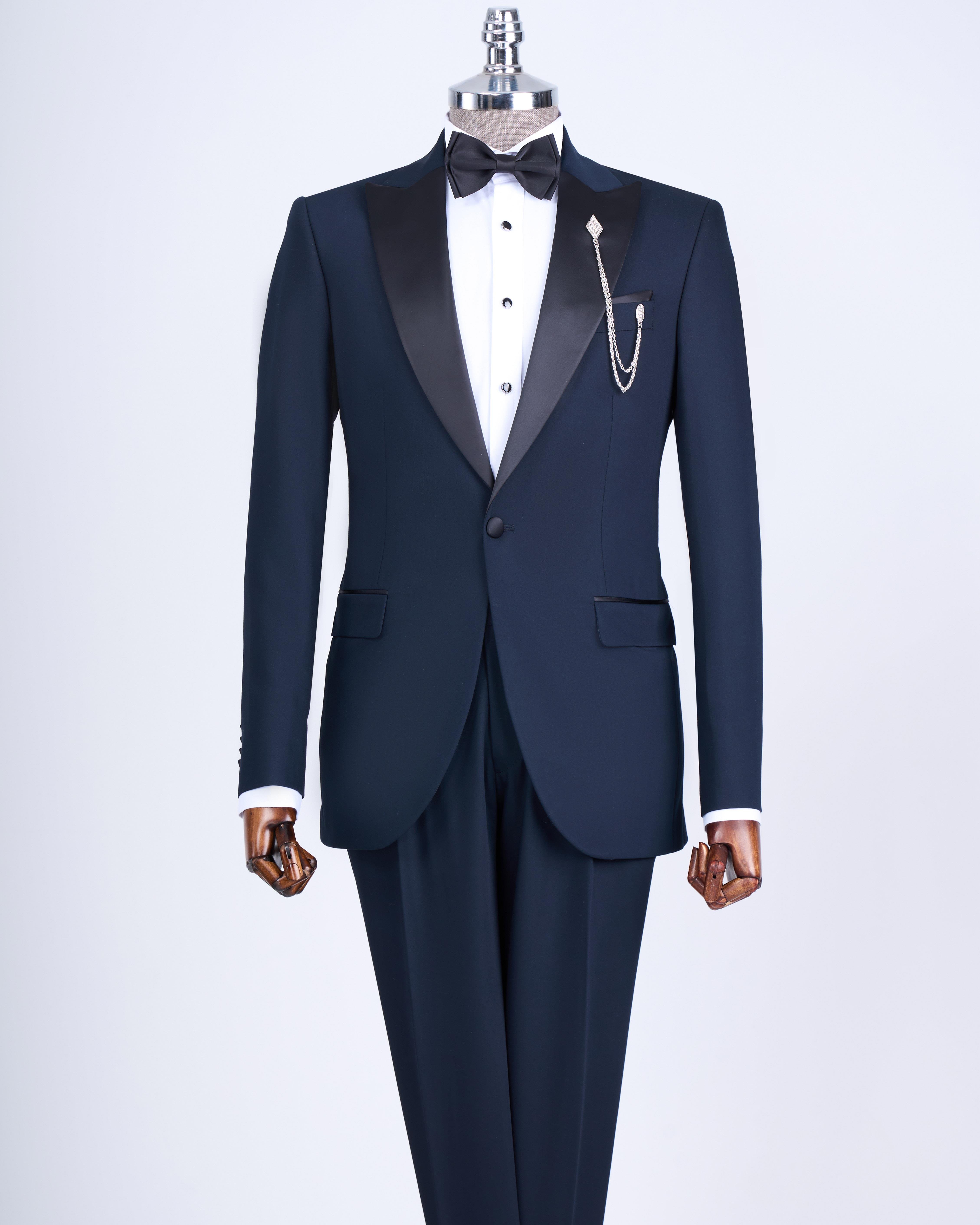 İtalyan kesim slim fit sivri yaka ceket pantolon damatlık set lacivert T9191