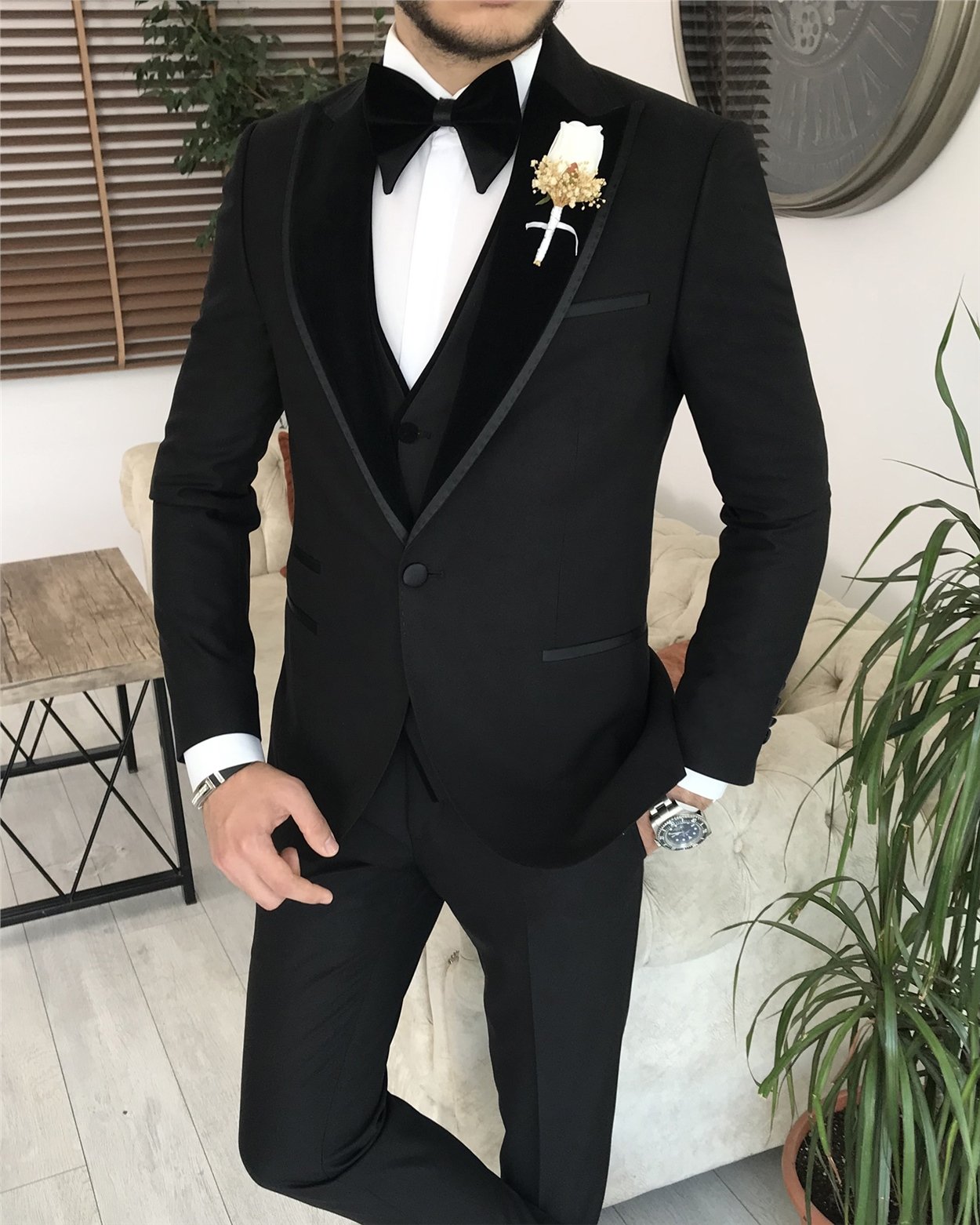 İtalyan kesim slim fit sivri yaka ceket yelek pantolon damatlık set Siyah T8196