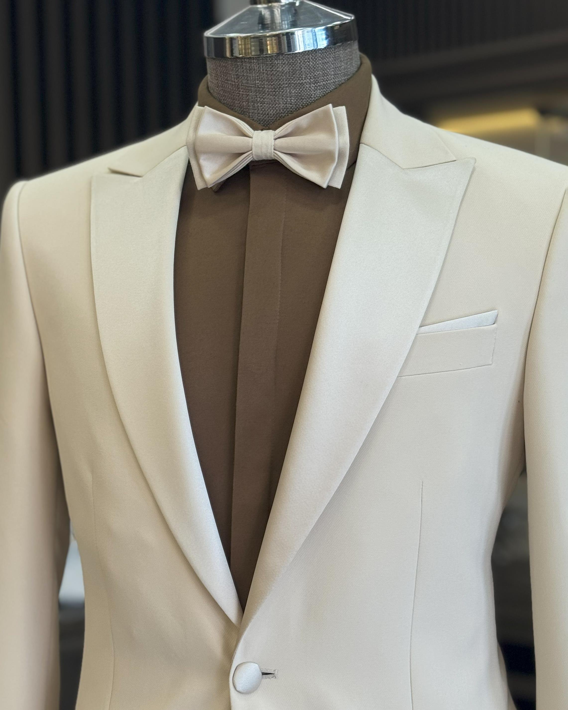 İtalyan kesim slim fit sivri yaka ceket pantolon damatlık set bej T11838
