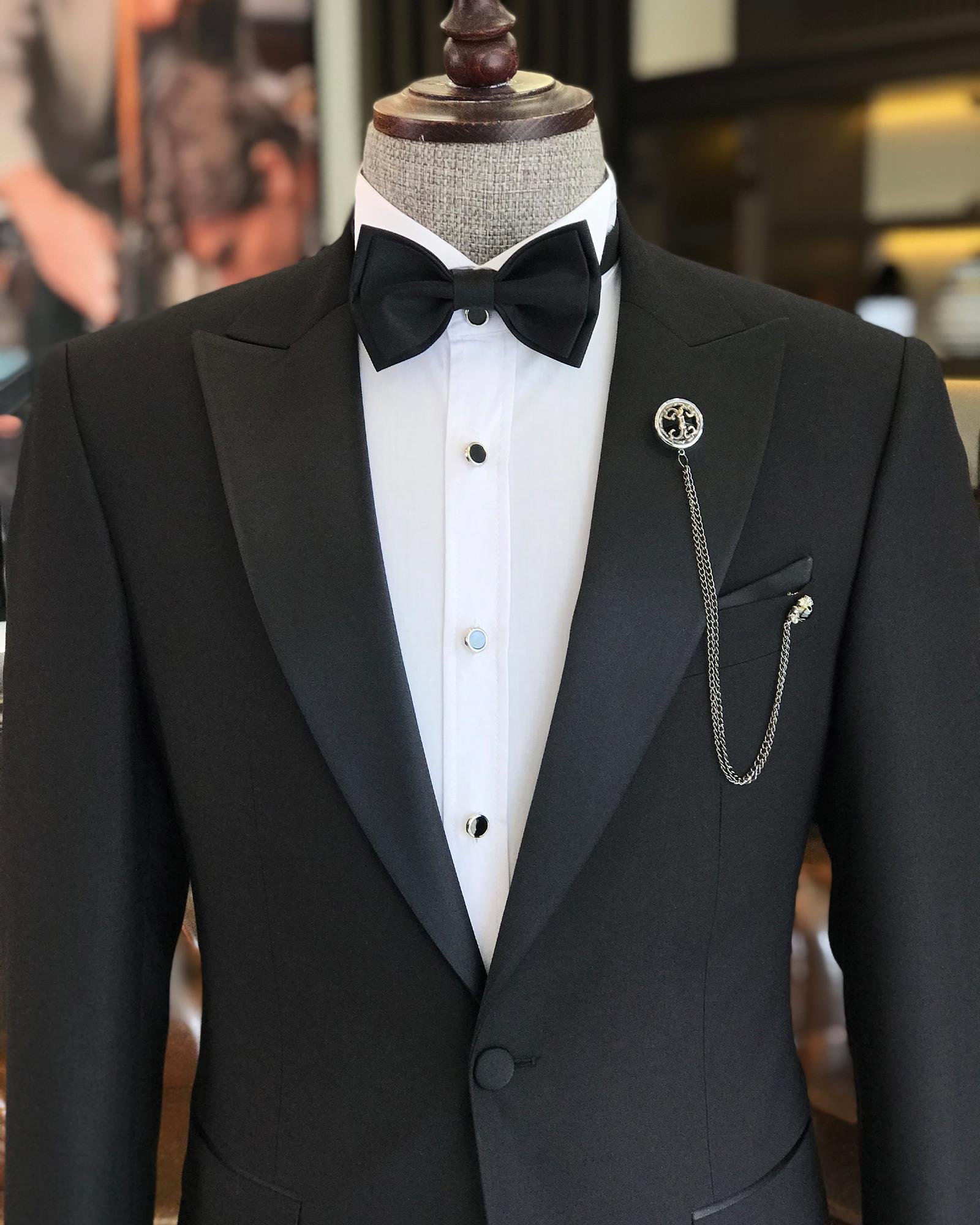 İtalyan kesim slim fit sivri yaka ceket pantolon damatlık set siyah T9193