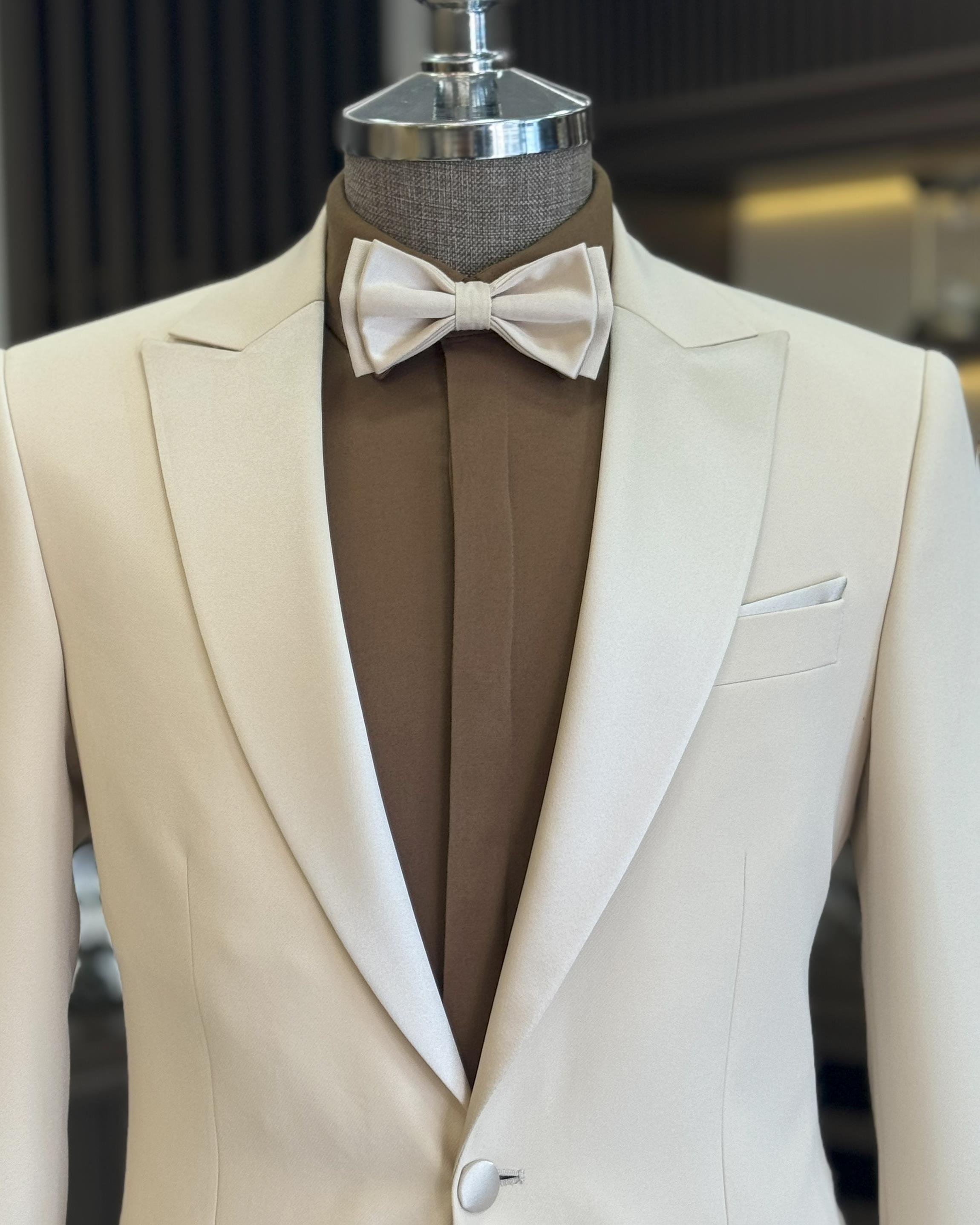 İtalyan kesim slim fit sivri yaka ceket pantolon damatlık set bej T11838