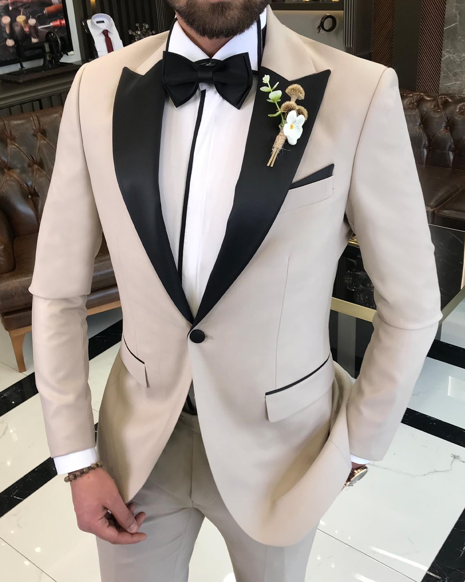 İtalyan kesim slim fit sivri yaka ceket pantolon damatlık set bej T9187