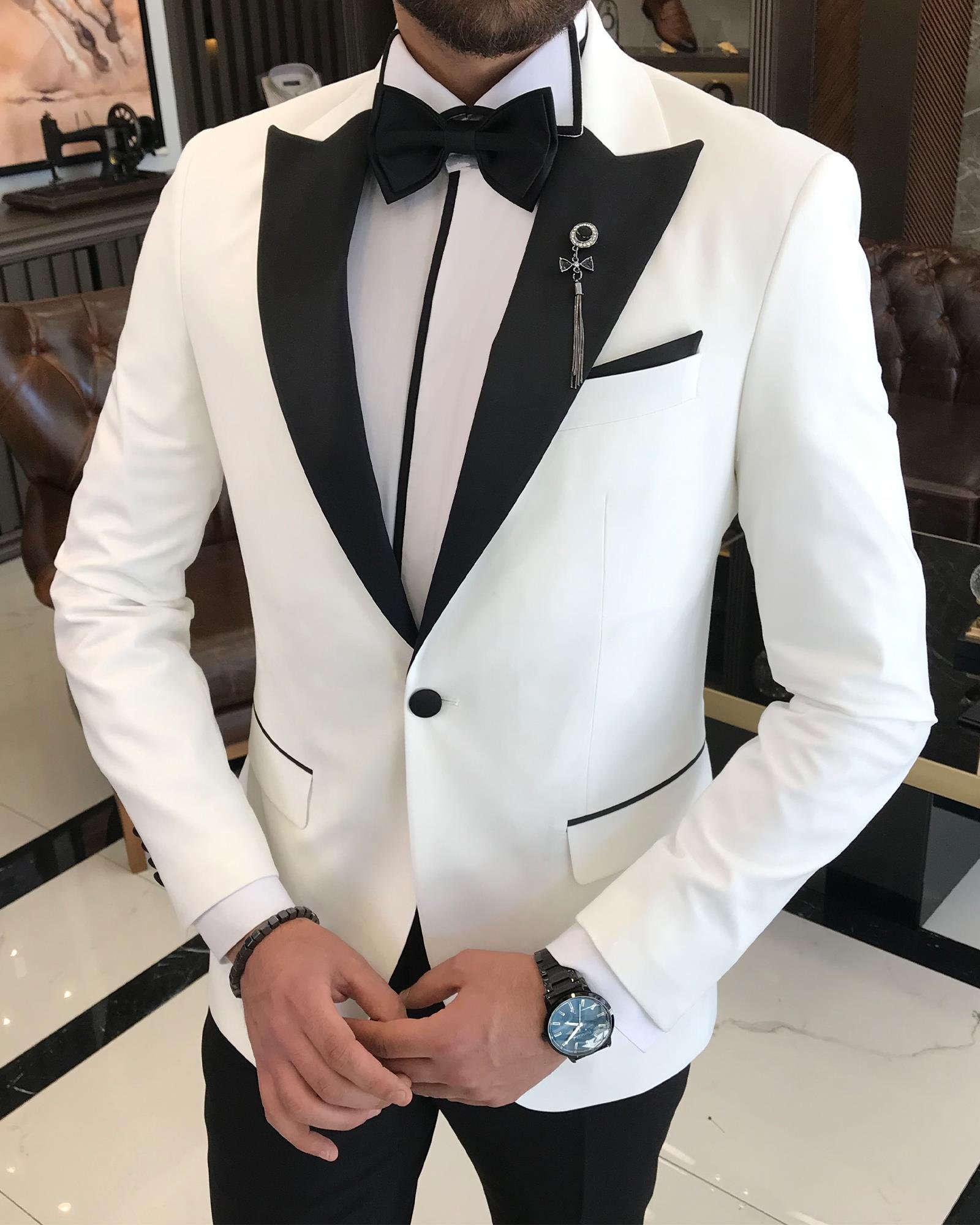 İtalyan kesim slim fit sivri yaka ceket pantolon damatlık set beyaz T9195