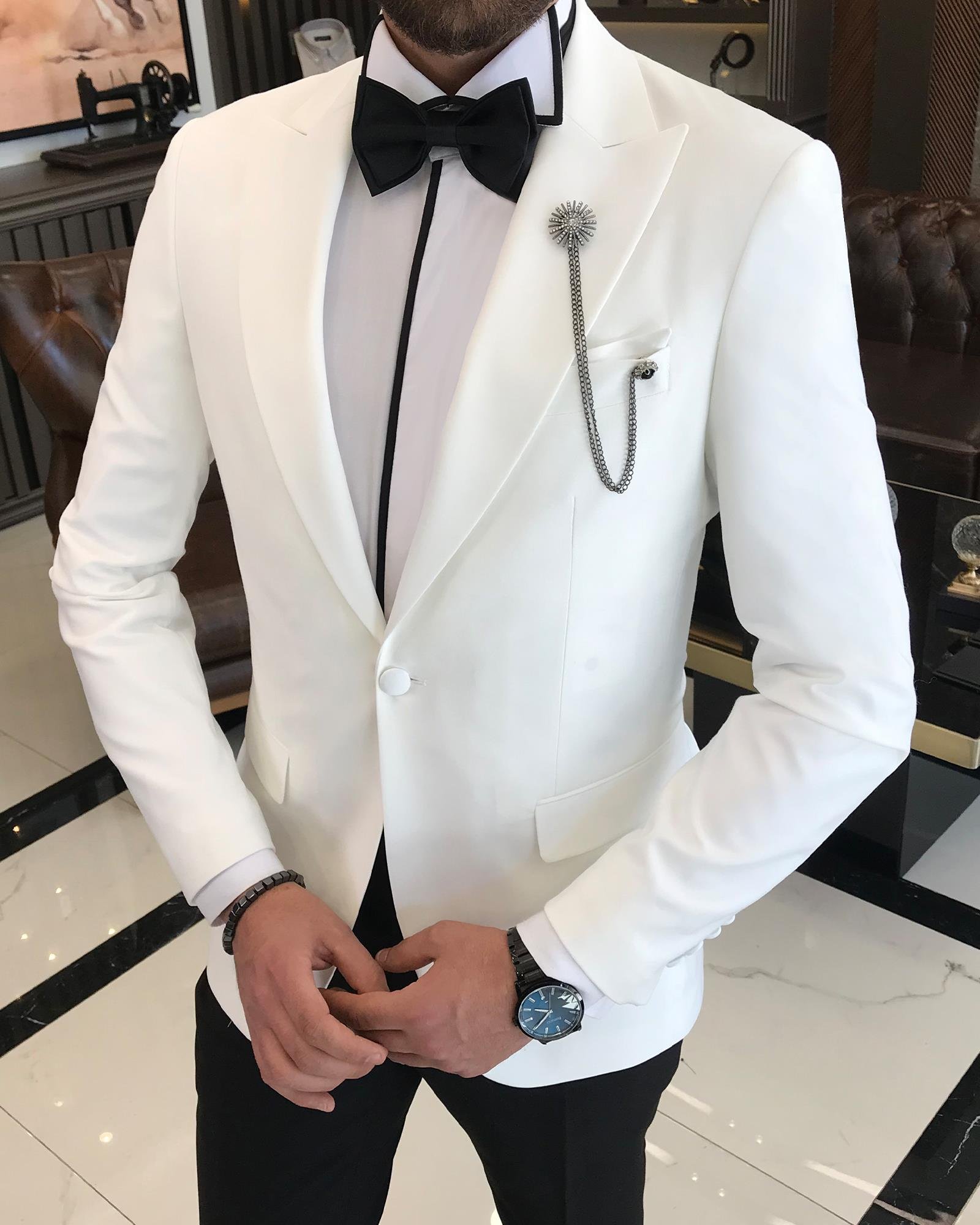 İtalyan kesim slim fit sivri yaka ceket pantolon damatlık set beyaz T9194