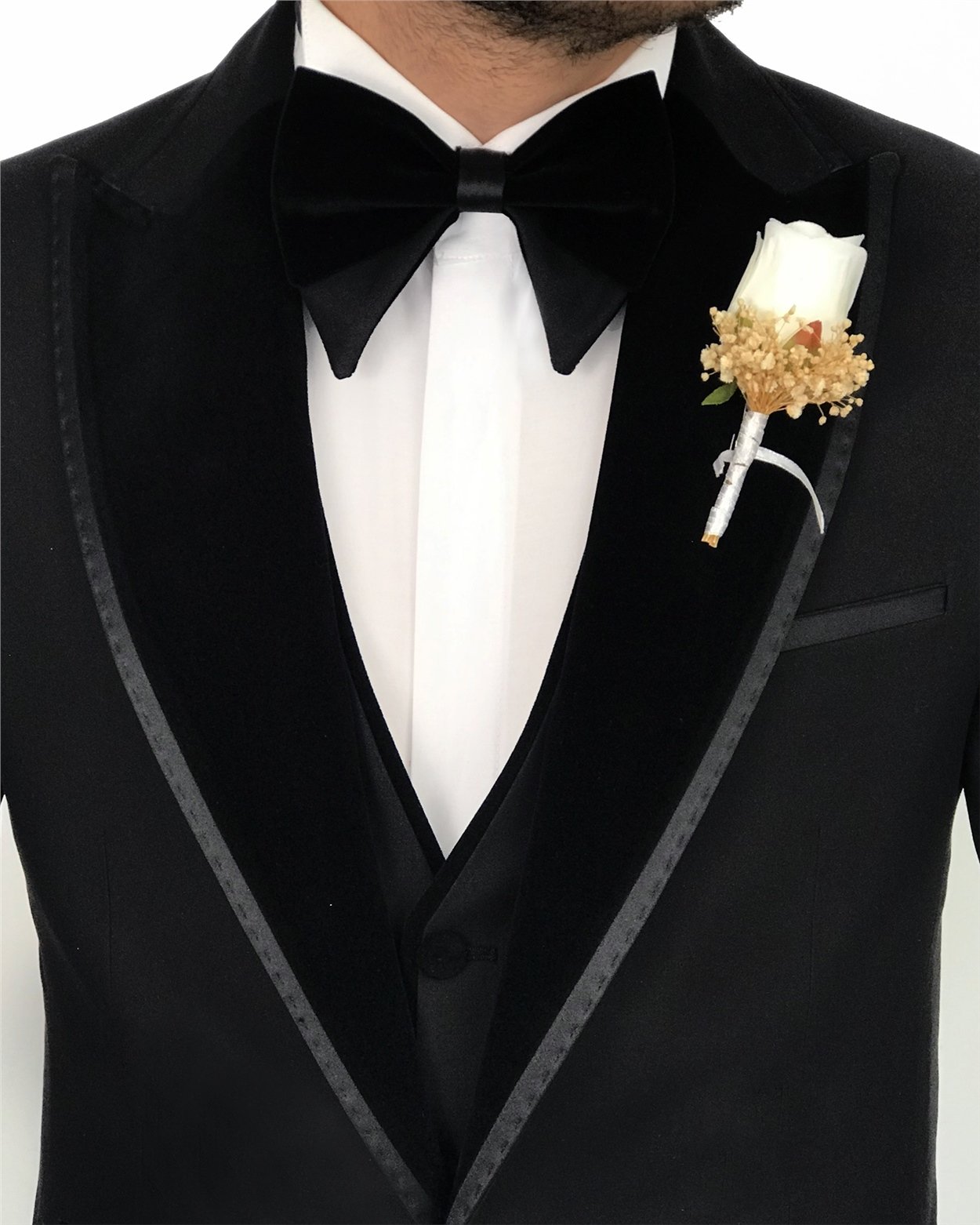 İtalyan kesim slim fit sivri yaka ceket yelek pantolon damatlık set Siyah T8196
