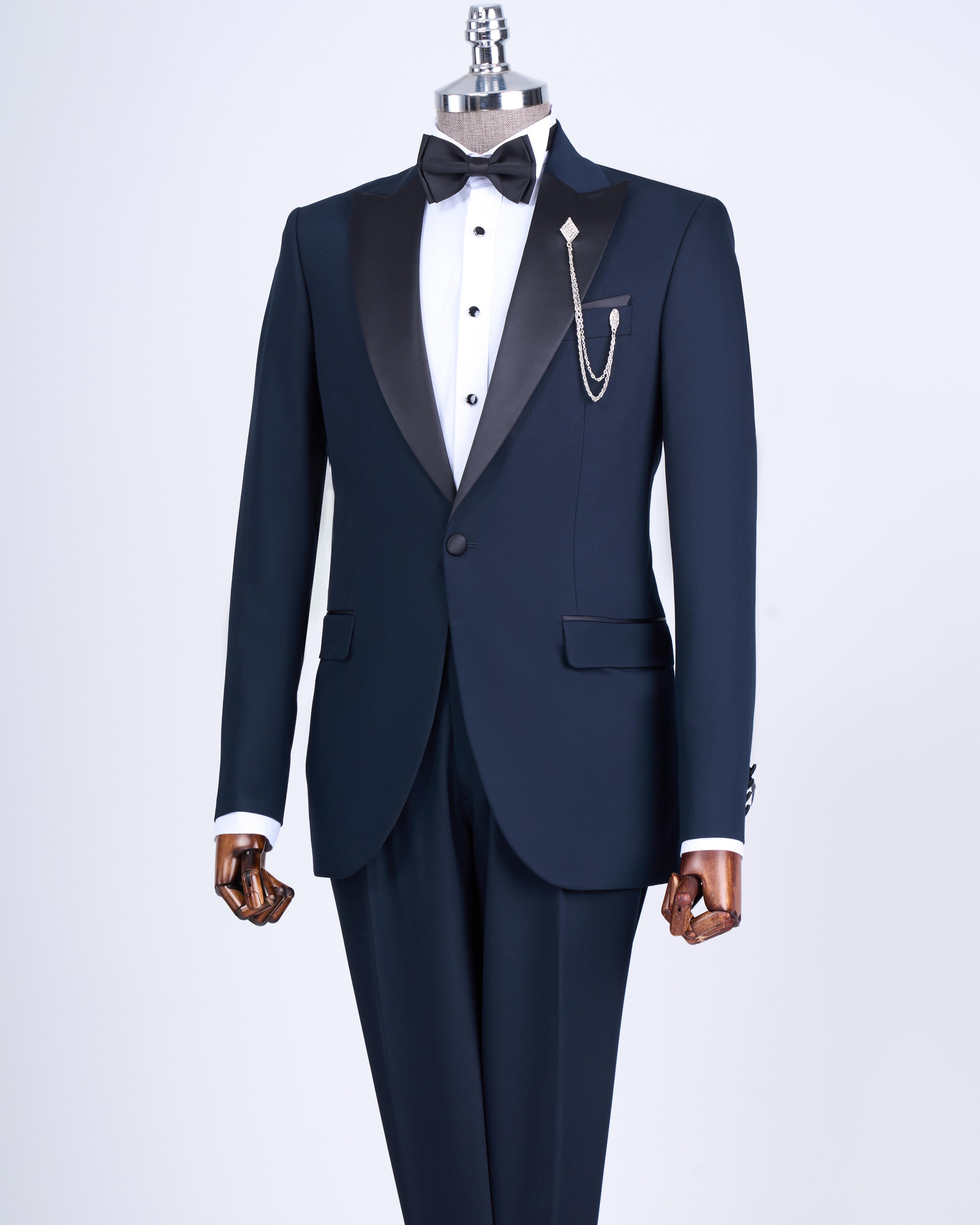 İtalyan kesim slim fit sivri yaka ceket pantolon damatlık set lacivert T9191
