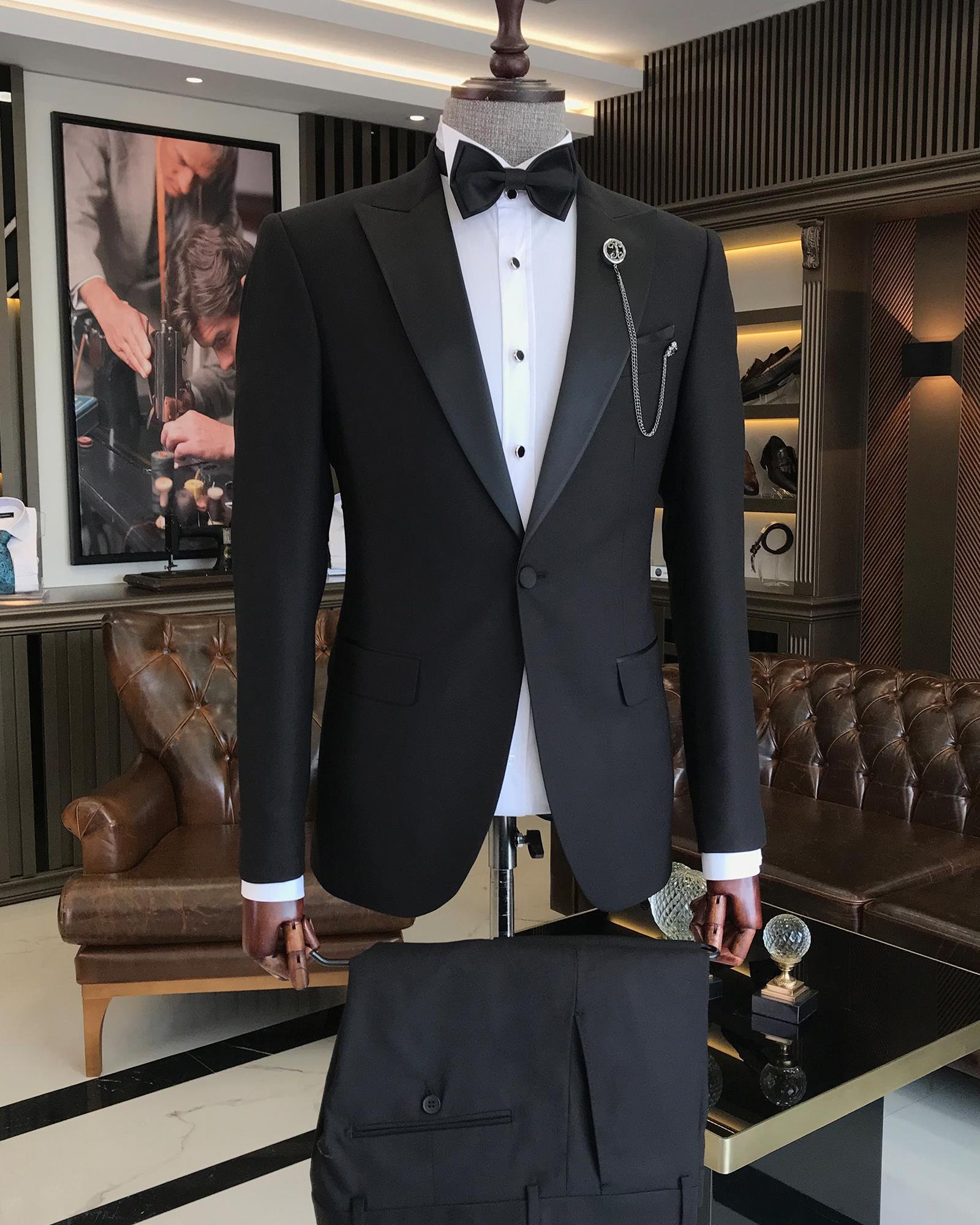 İtalyan kesim slim fit sivri yaka ceket pantolon damatlık set siyah T9193