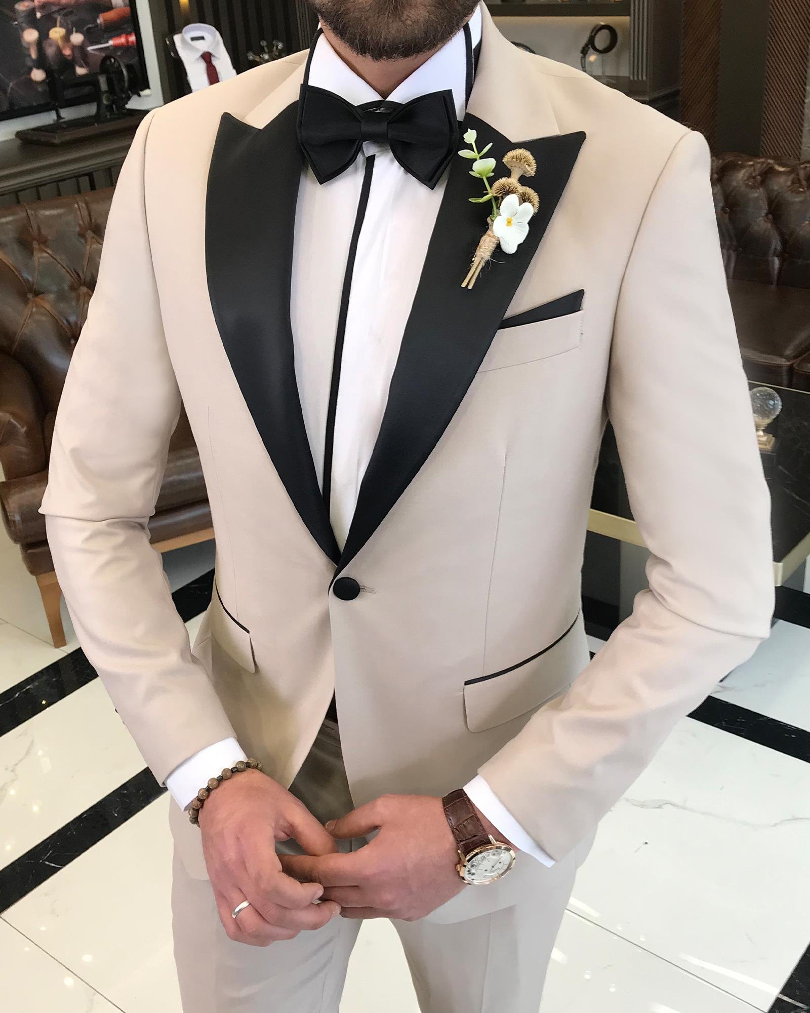 İtalyan kesim slim fit sivri yaka ceket pantolon damatlık set bej T9187