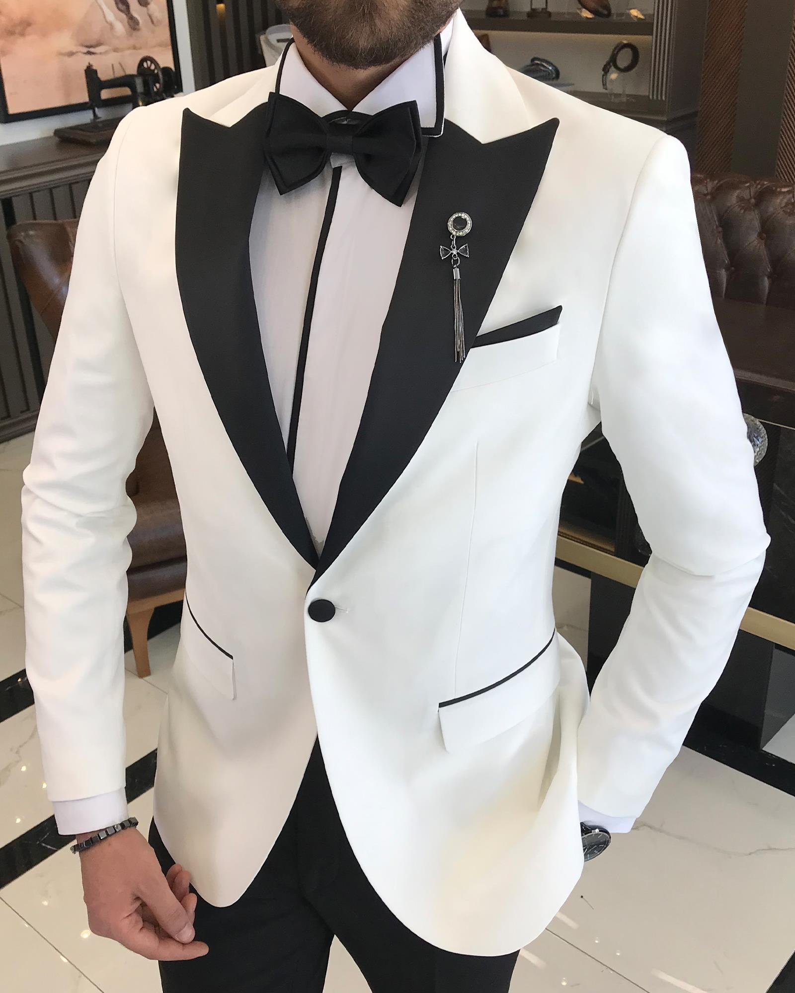 İtalyan kesim slim fit sivri yaka ceket pantolon damatlık set beyaz T9195