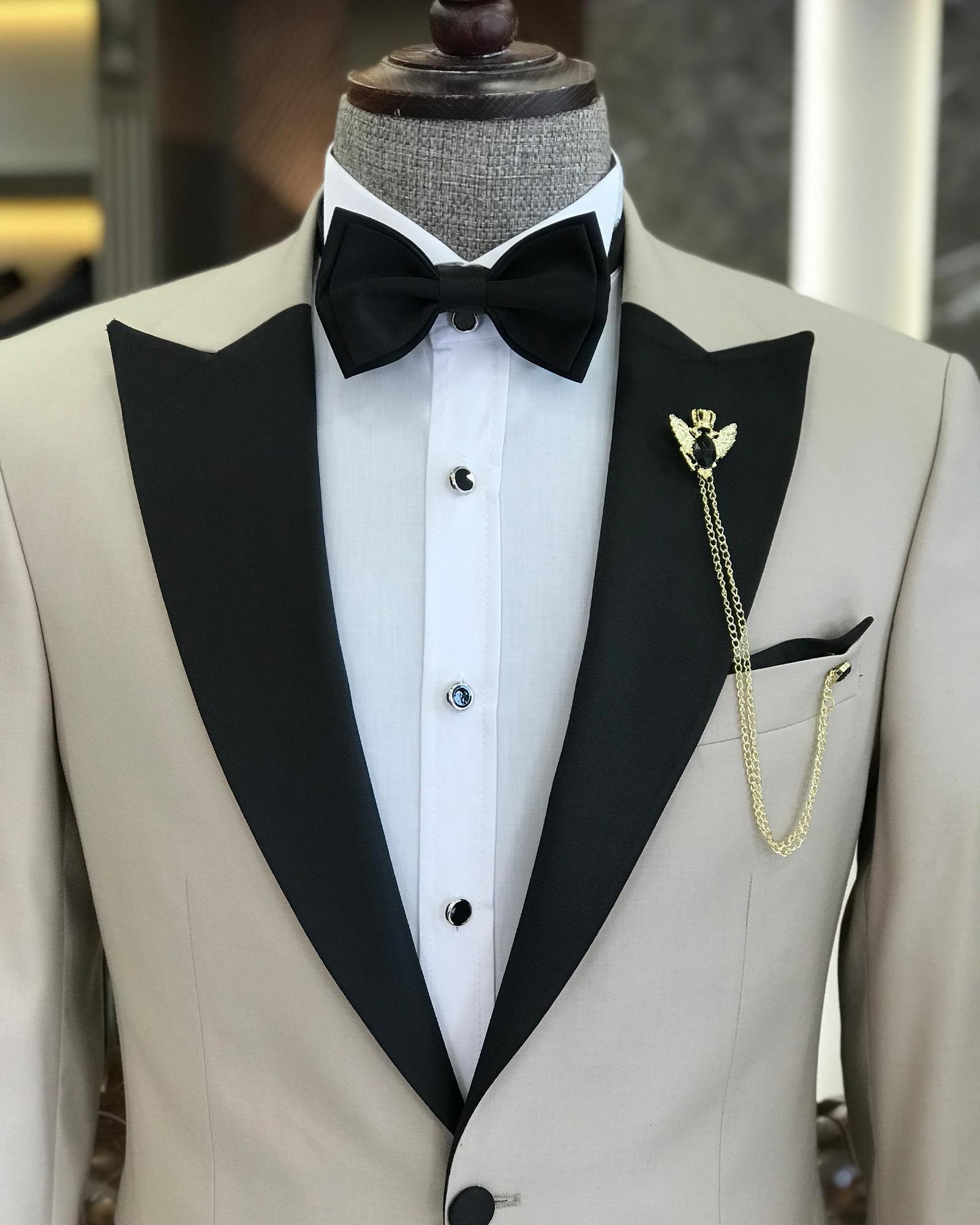 İtalyan kesim slim fit sivri yaka ceket pantolon damatlık set bej T9187