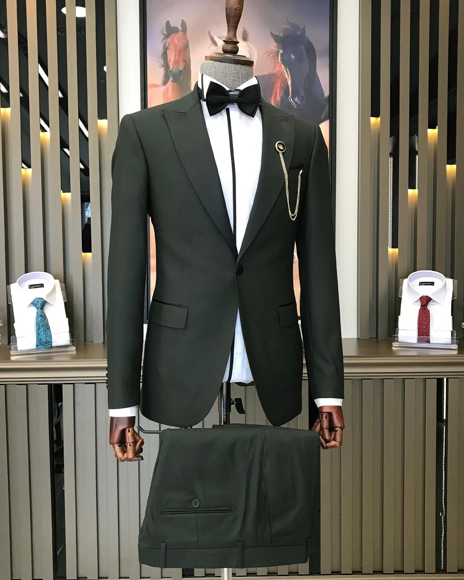 İtalyan kesim slim fit sivri yaka ceket pantolon damatlık set Yeşil T9189