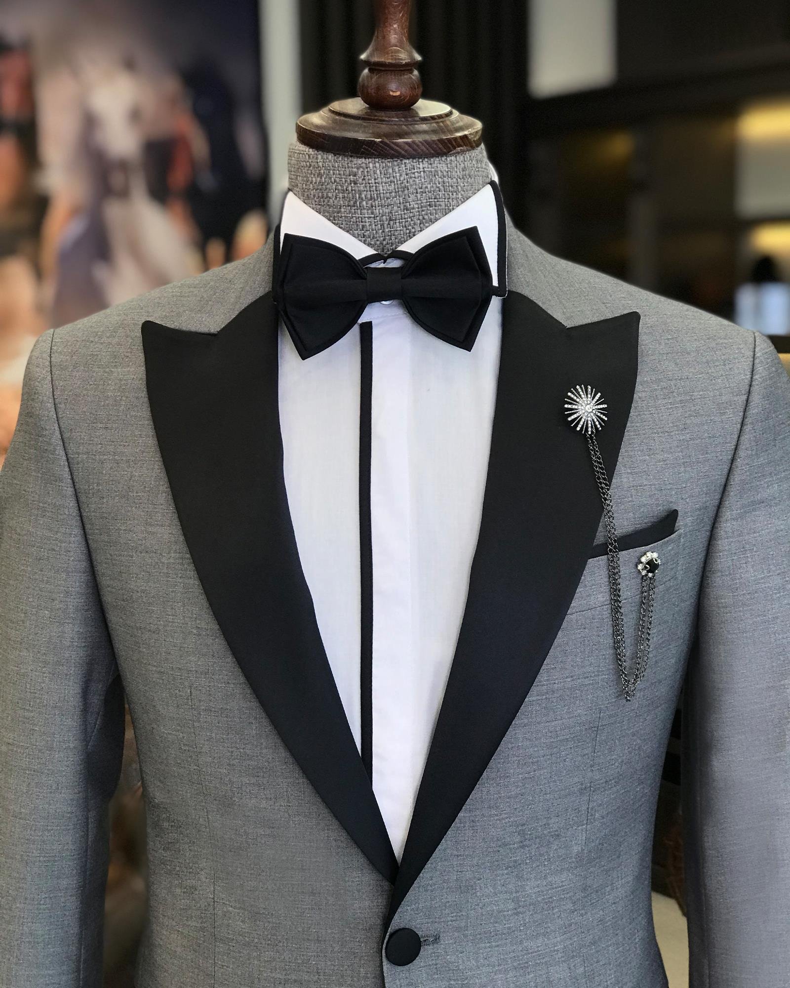 İtalyan kesim slim fit sivri yaka ceket pantolon damatlık set Gri T9188