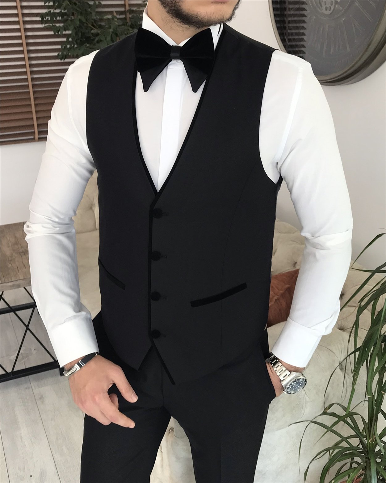 İtalyan kesim slim fit sivri yaka ceket yelek pantolon damatlık set Siyah T8196