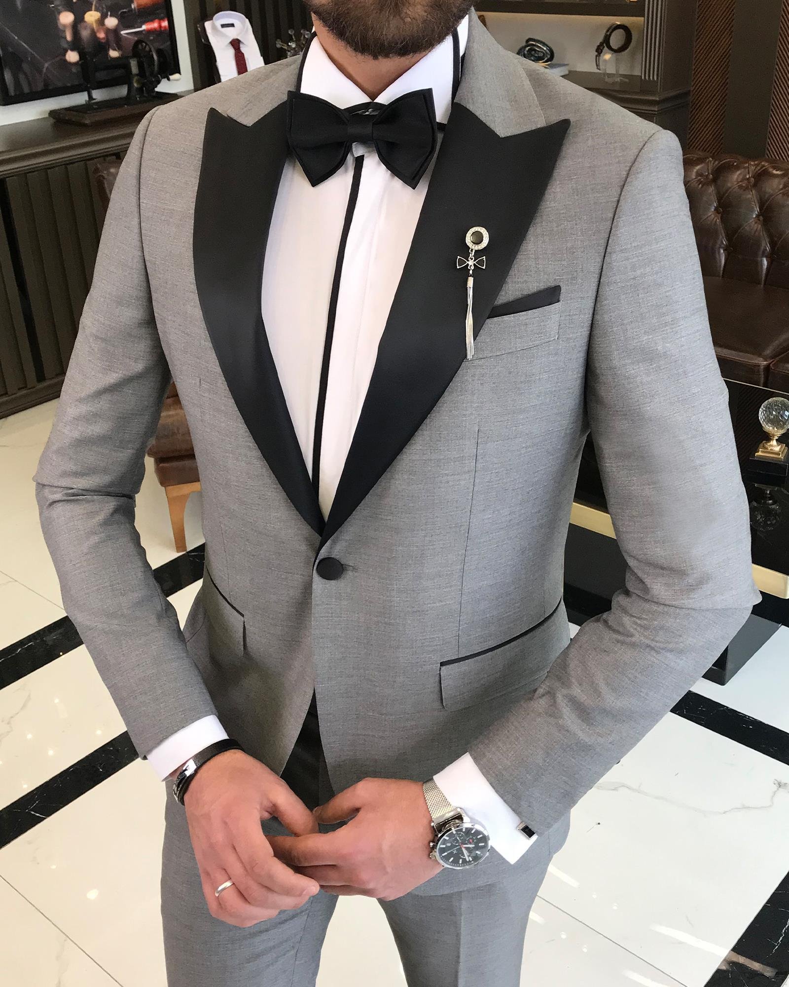 İtalyan kesim slim fit sivri yaka ceket pantolon damatlık set Gri T9188