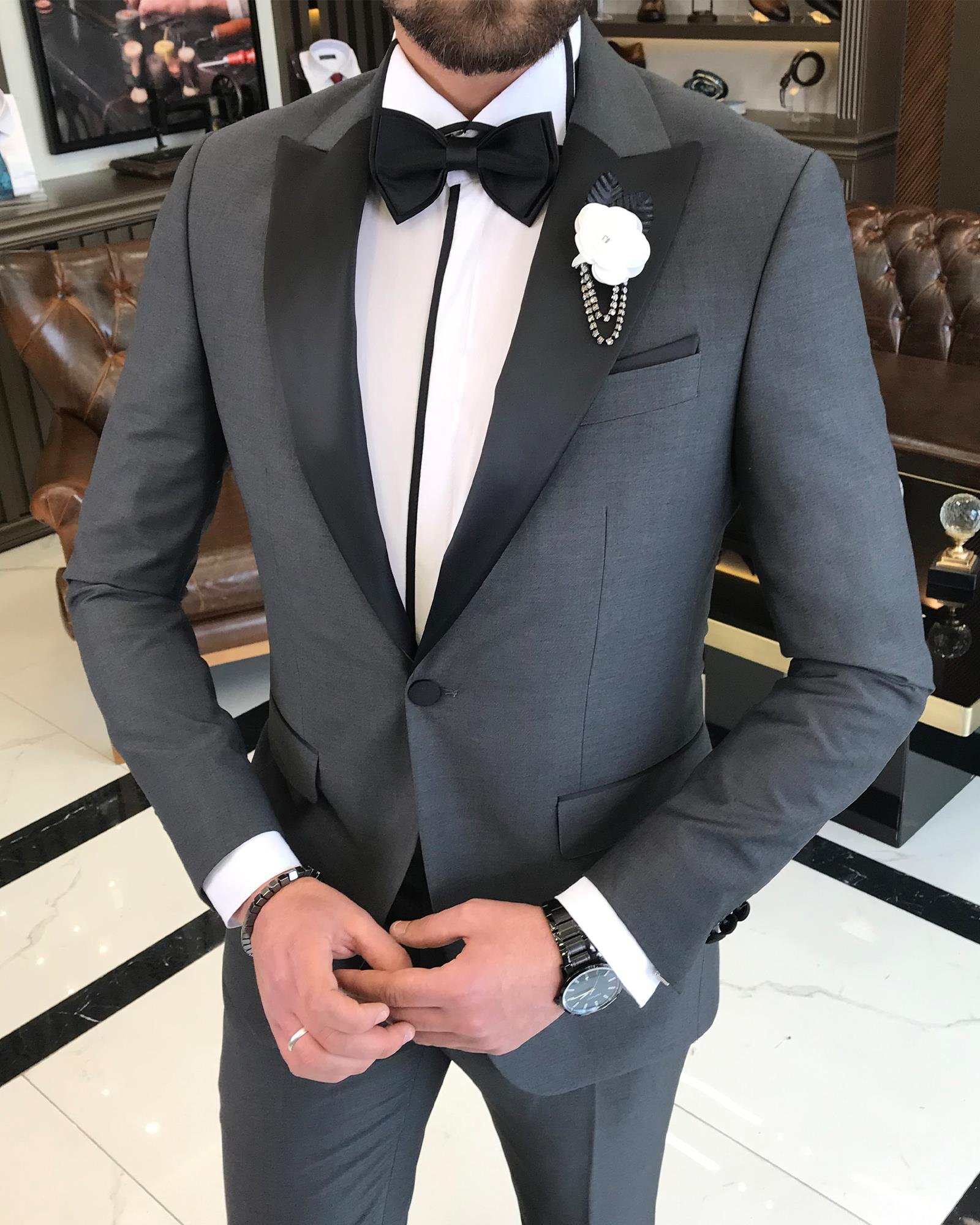 İtalyan kesim slim fit sivri yaka ceket pantolon damatlık set antrasit T9190