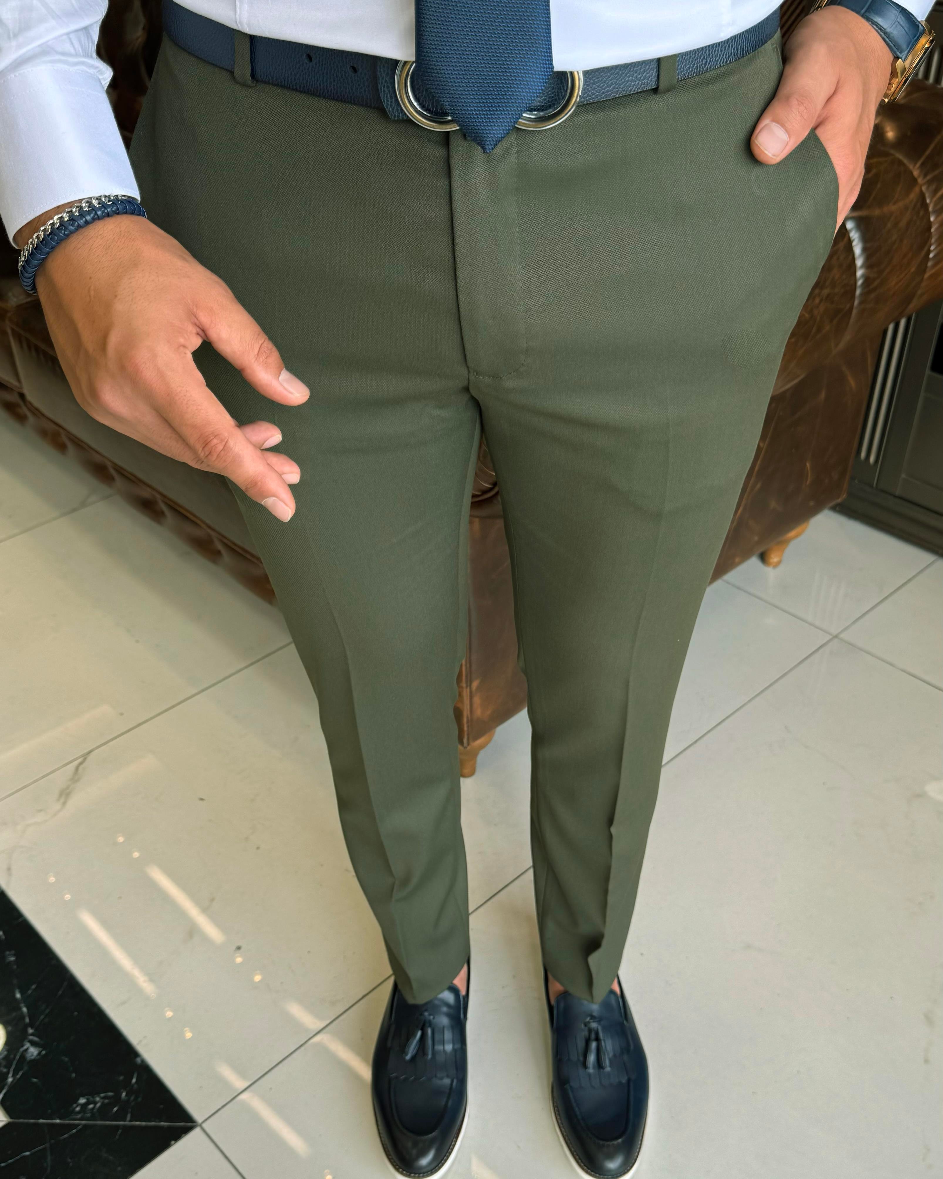 İtalyan kesim slim fit yeşil kumaş pantolon T12077