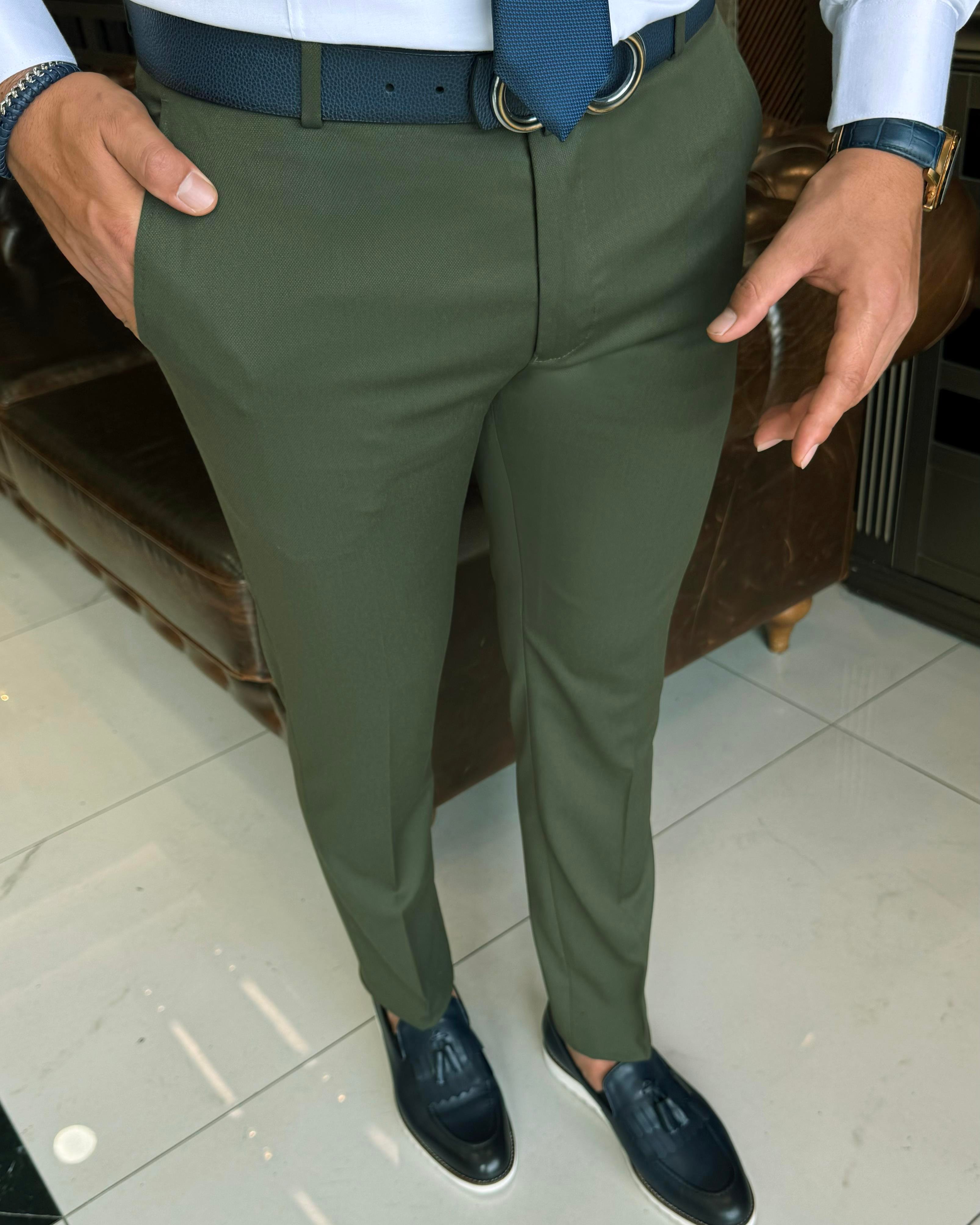 İtalyan kesim slim fit yeşil kumaş pantolon T12077