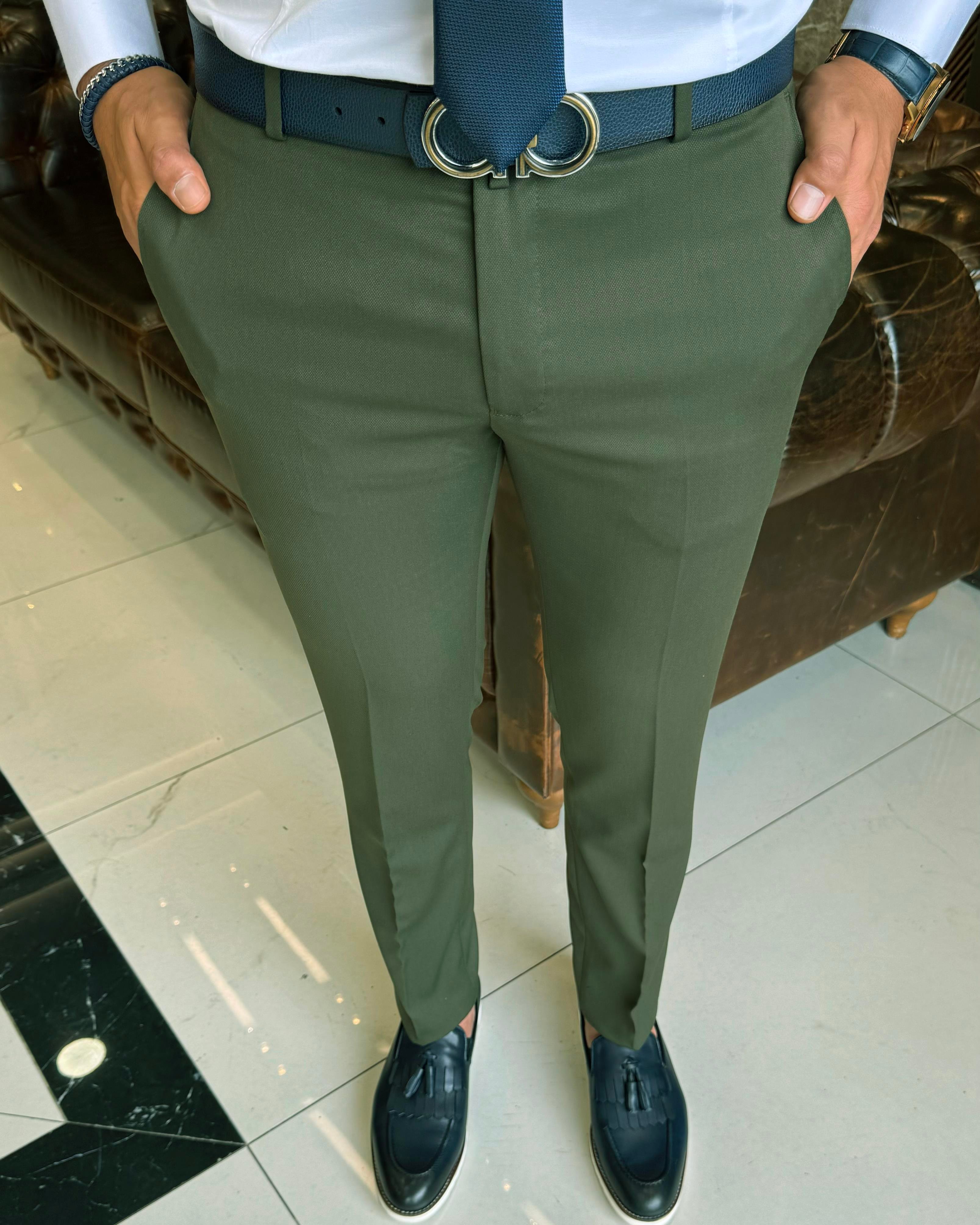 İtalyan kesim slim fit yeşil kumaş pantolon T12077